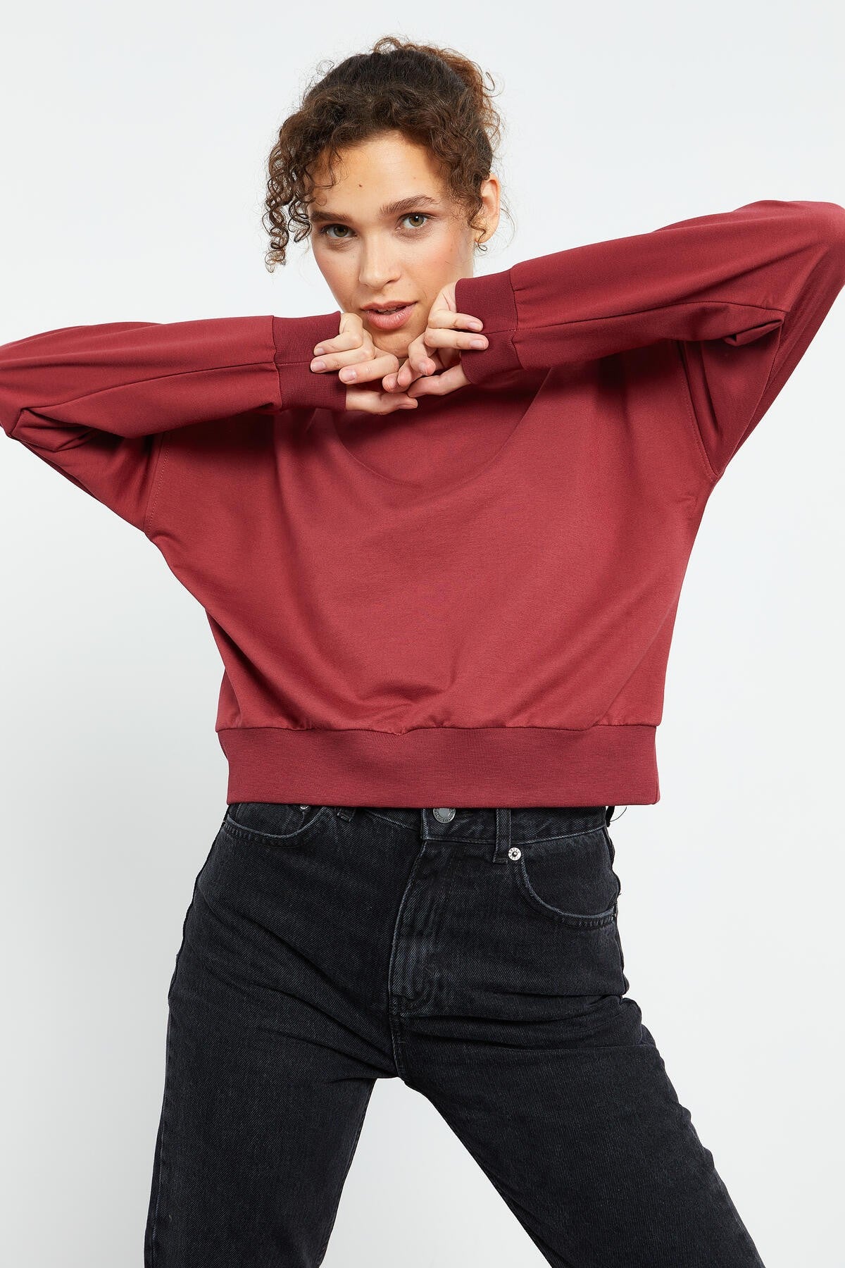 Bordo Basic Rahat Form O Yaka Kadın Sweatshirt - 97114