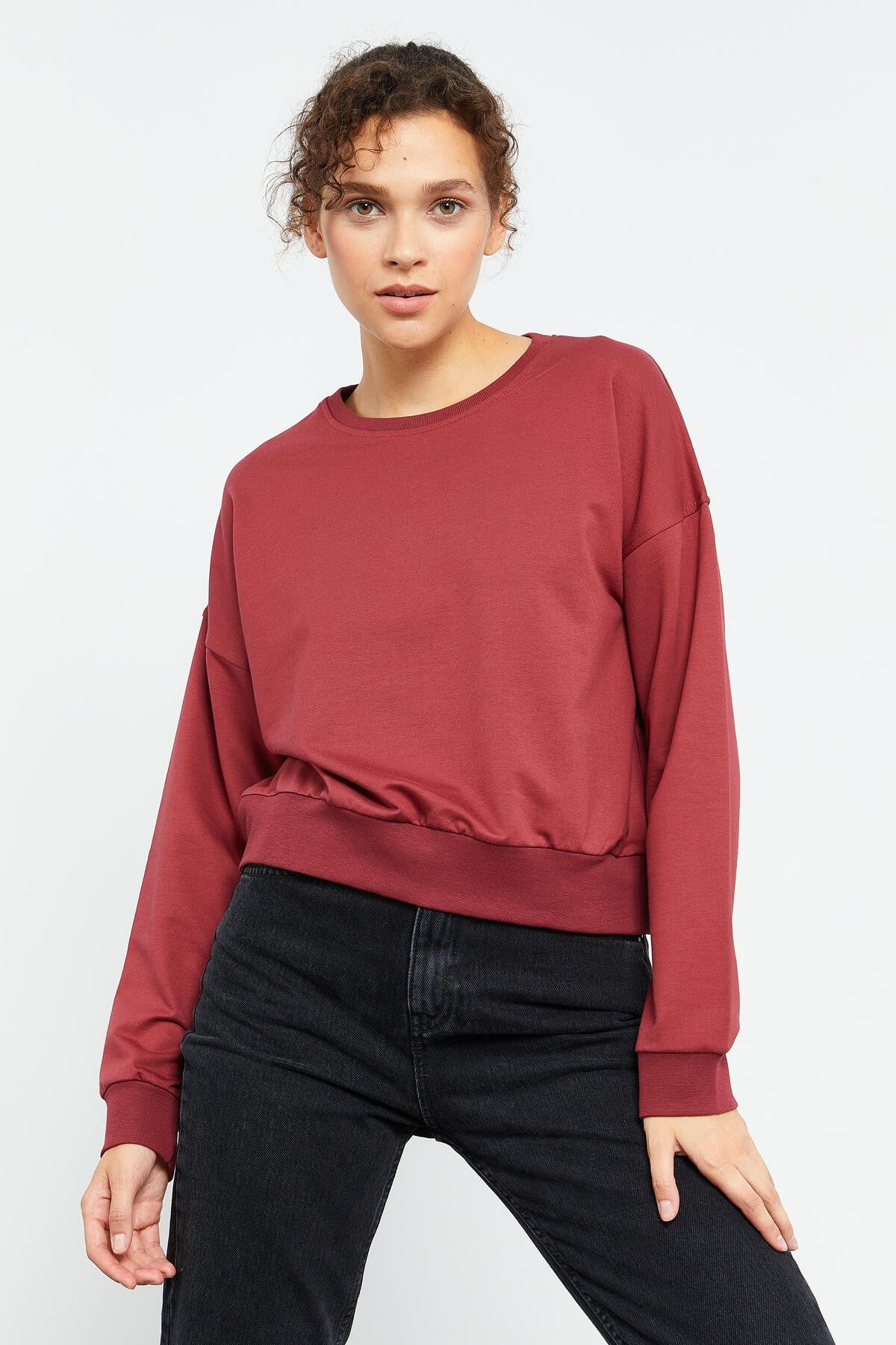 Bordo Basic Rahat Form O Yaka Kadın Sweatshirt - 97114