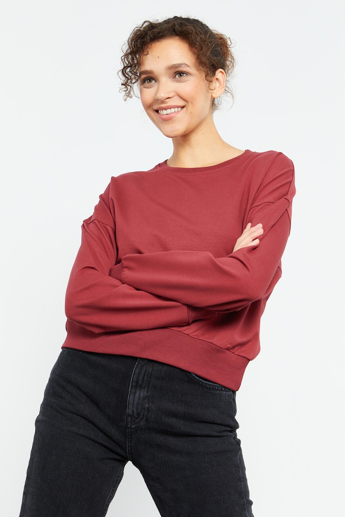 Bordo Basic Rahat Form O Yaka Kadın Sweatshirt - 97114