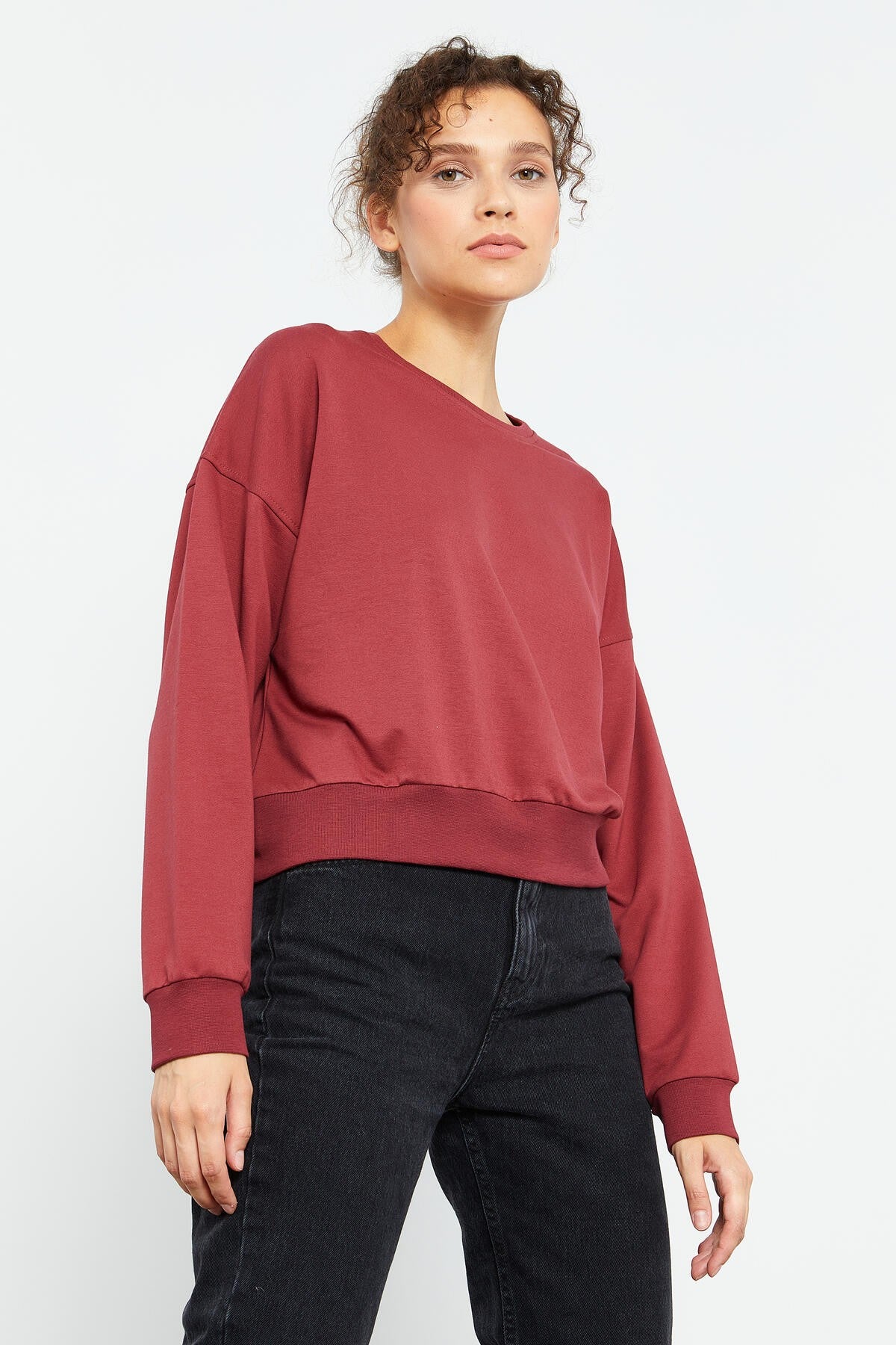 Bordo Basic Rahat Form O Yaka Kadın Sweatshirt - 97114