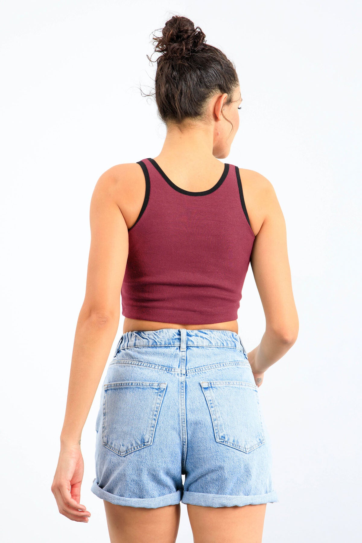 Bordo Basic Sıfır Kol Dar Kalıp U Yaka Kadın Crop Top Atlet - 97162