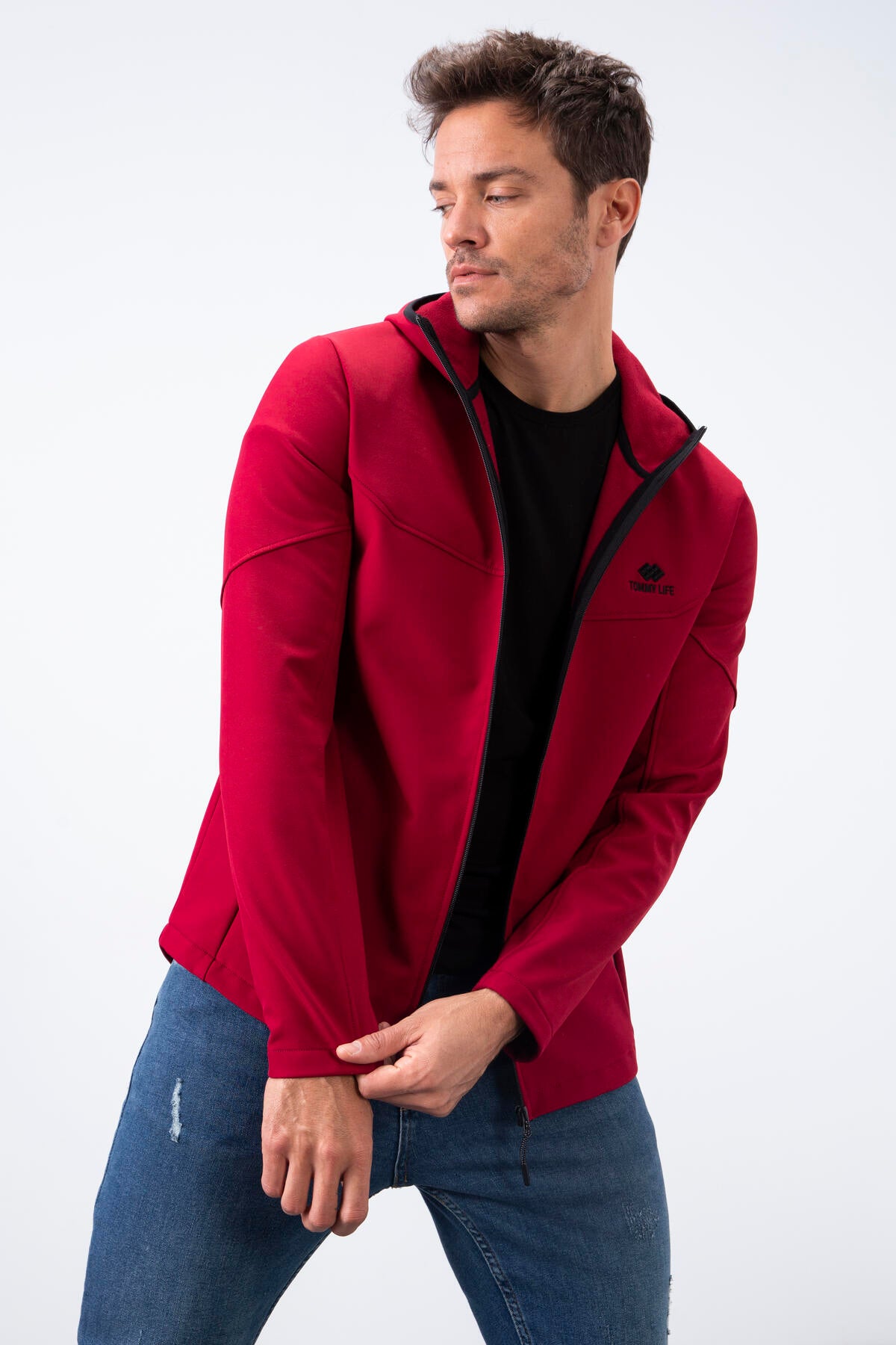 Bordo Fermuarlı Kapüşonlu Su ve Rüzgar Geçirmez Softshell Erkek Mont - 88051