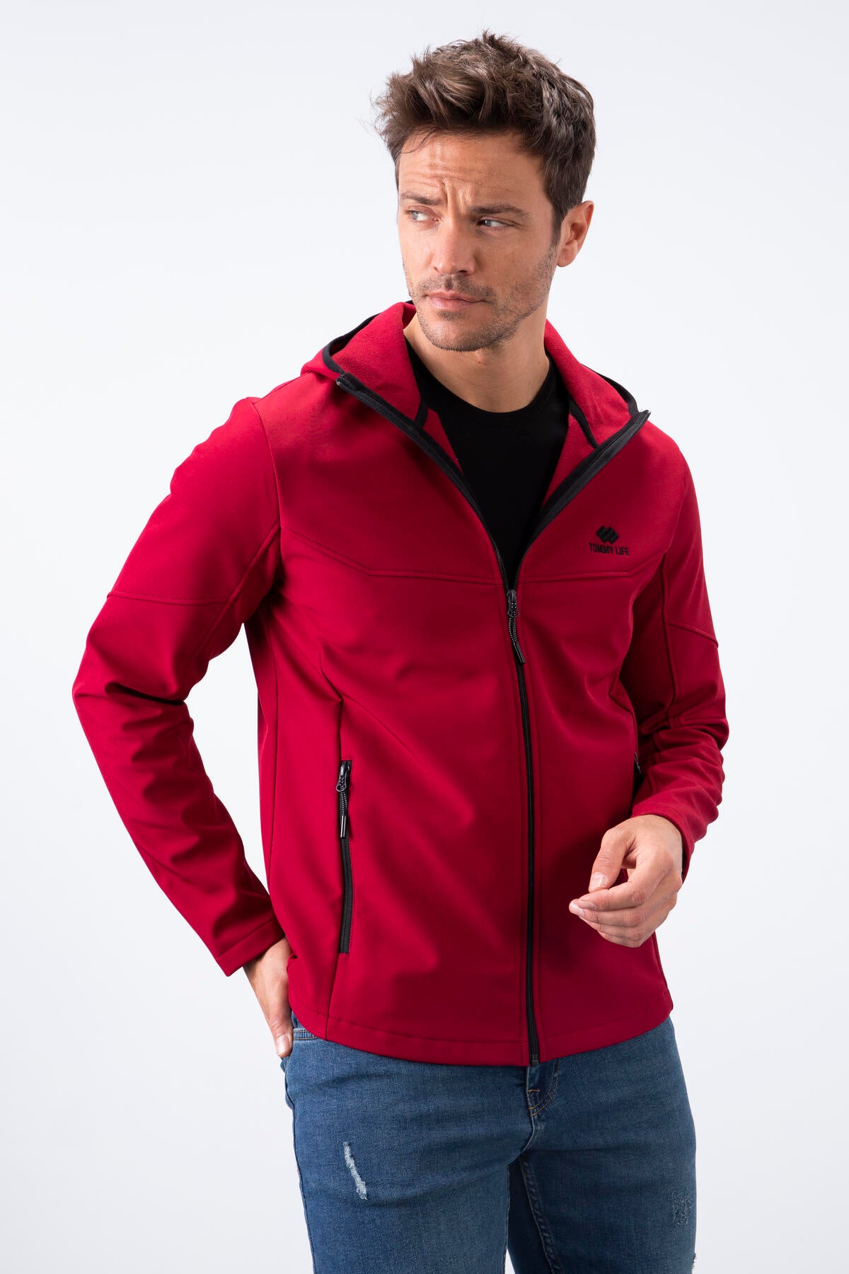 Bordo Fermuarlı Kapüşonlu Su ve Rüzgar Geçirmez Softshell Erkek Mont - 88051
