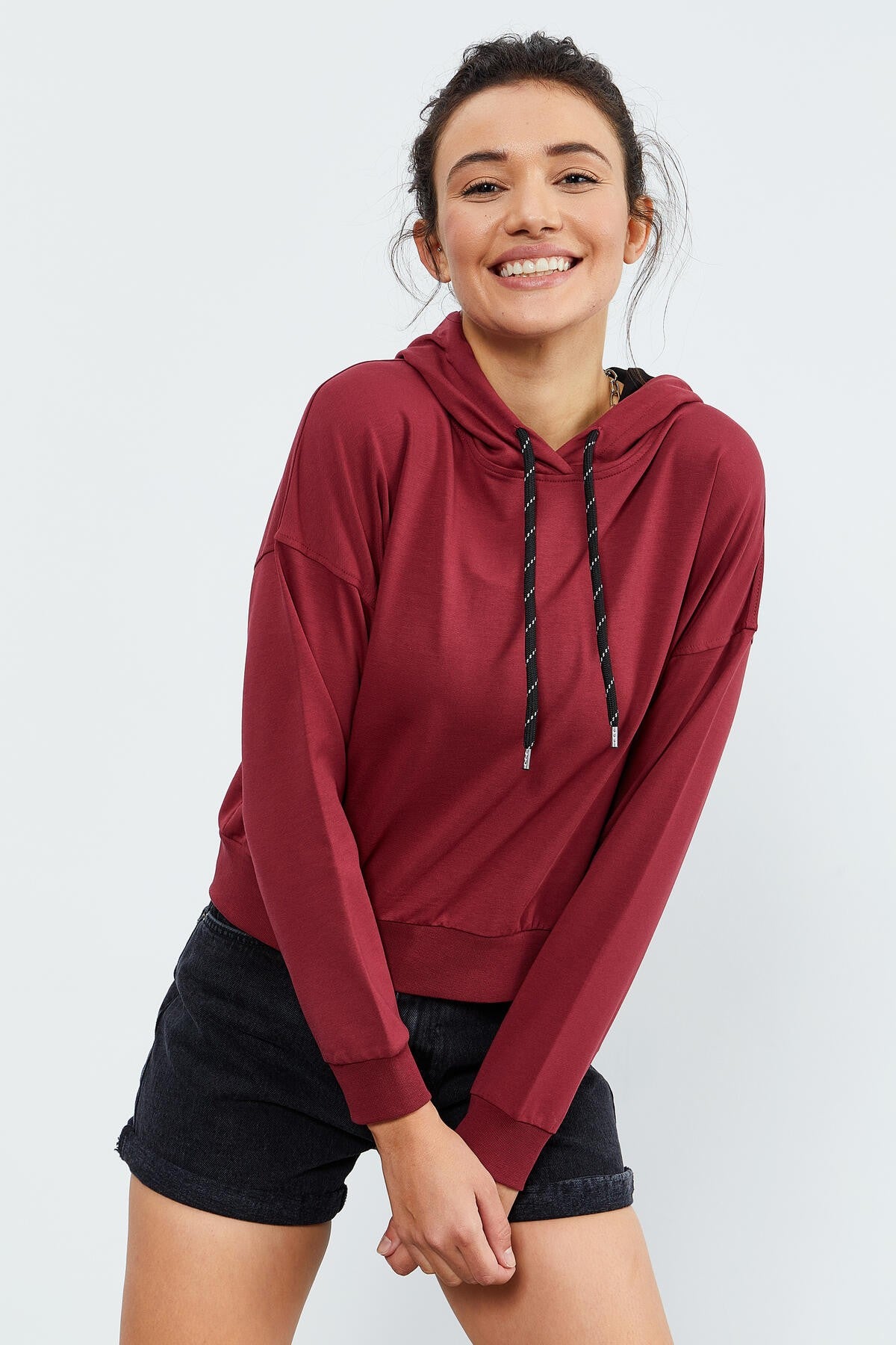 Bordo Uzun Kol Rahat Form Kapüşonlu Kadın Sweatshirt - 97115