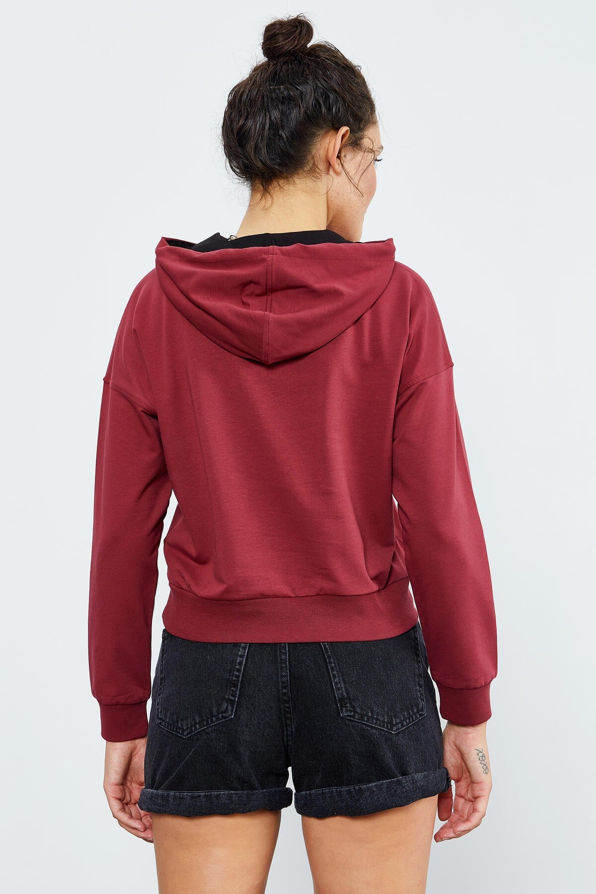 Bordo Uzun Kol Rahat Form Kapüşonlu Kadın Sweatshirt - 97115