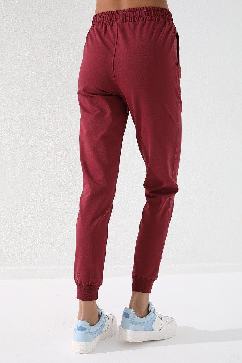 Bordo Yüksek Bel Jogger Rahat Form Manşetli Kadın Eşofman Alt - 94561