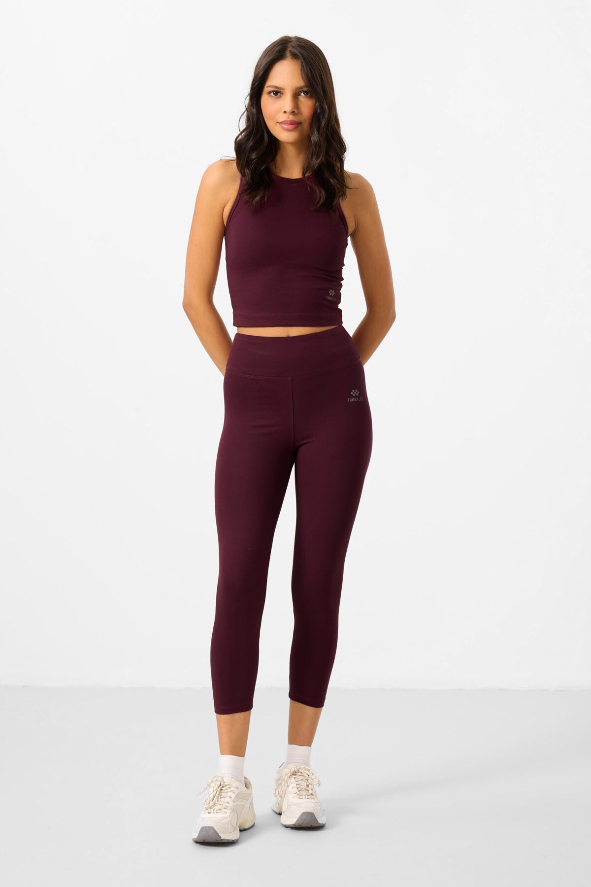 Bordo Yüksek Bel Kapri-Crop Atlet Slim Fit Kadın Tayt Takım - 95284