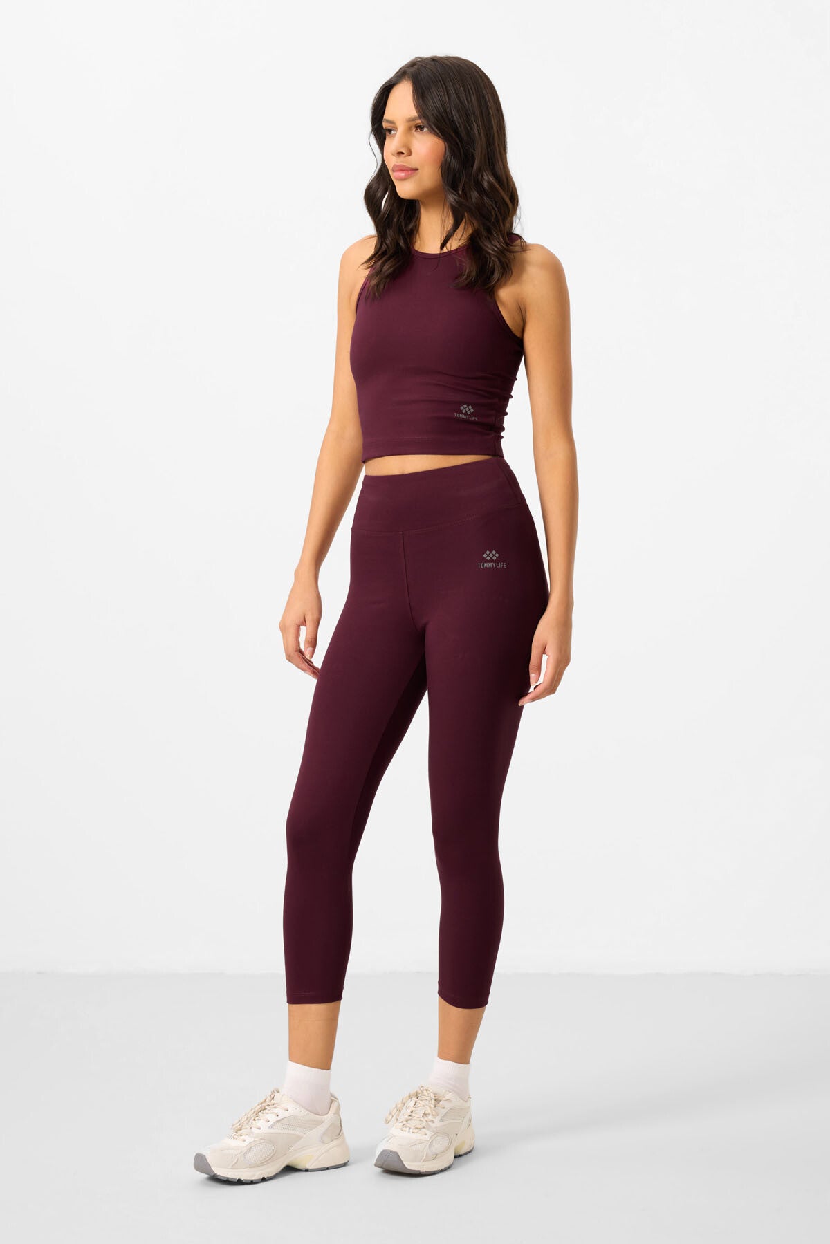 Bordo Yüksek Bel Kapri-Crop Atlet Slim Fit Kadın Tayt Takım - 95284