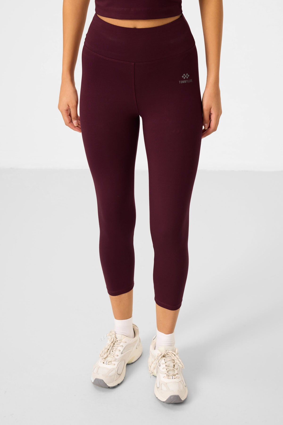 Bordo Yüksek Bel Kapri-Crop Atlet Slim Fit Kadın Tayt Takım - 95284