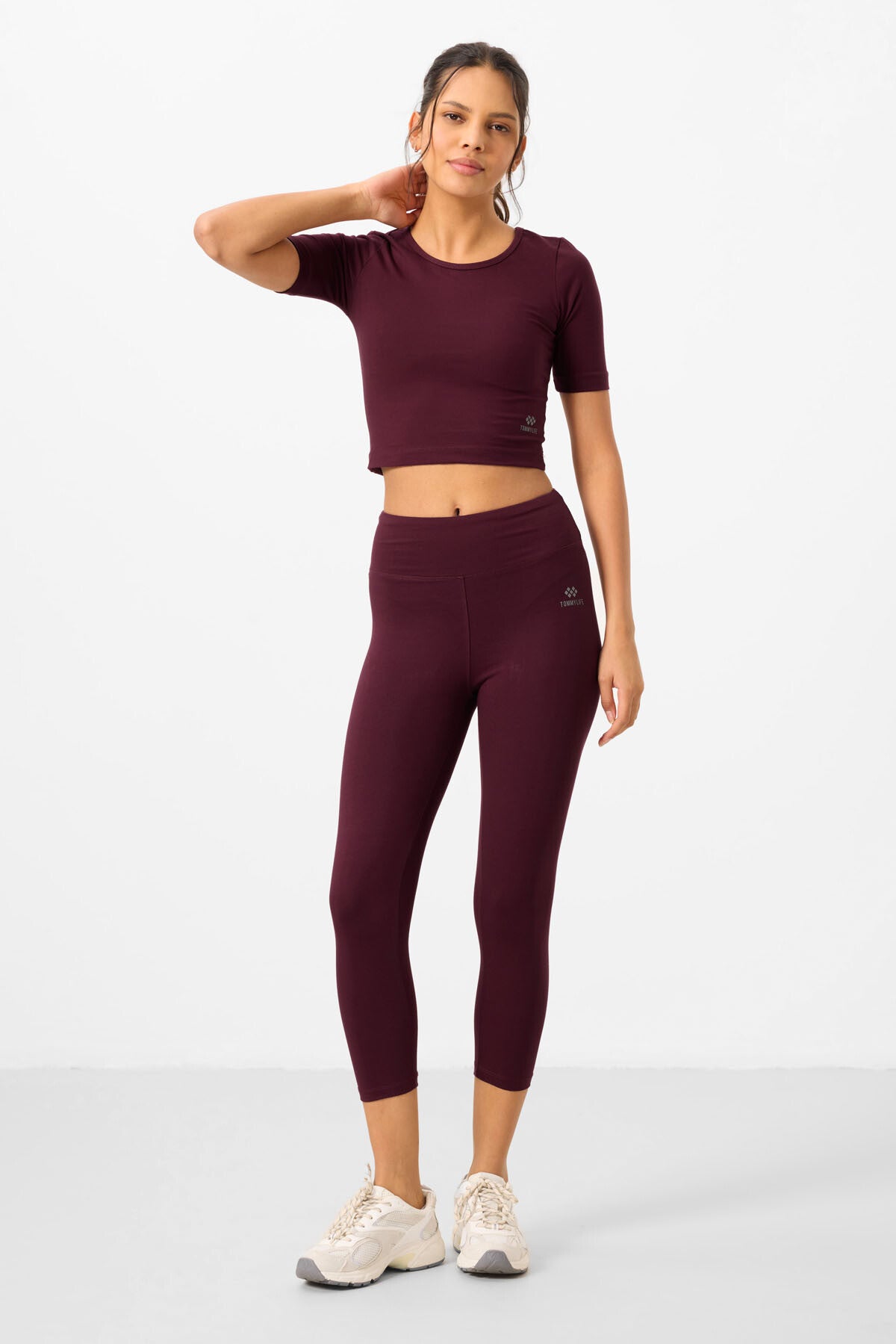 Bordo Yüksek Bel Kapri-Crop T-Shirt Slim Fit Kadın Tayt Takım - 95285