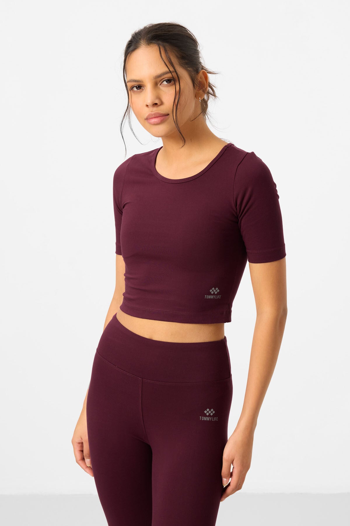 Bordo Yüksek Bel Kapri-Crop T-Shirt Slim Fit Kadın Tayt Takım - 95285