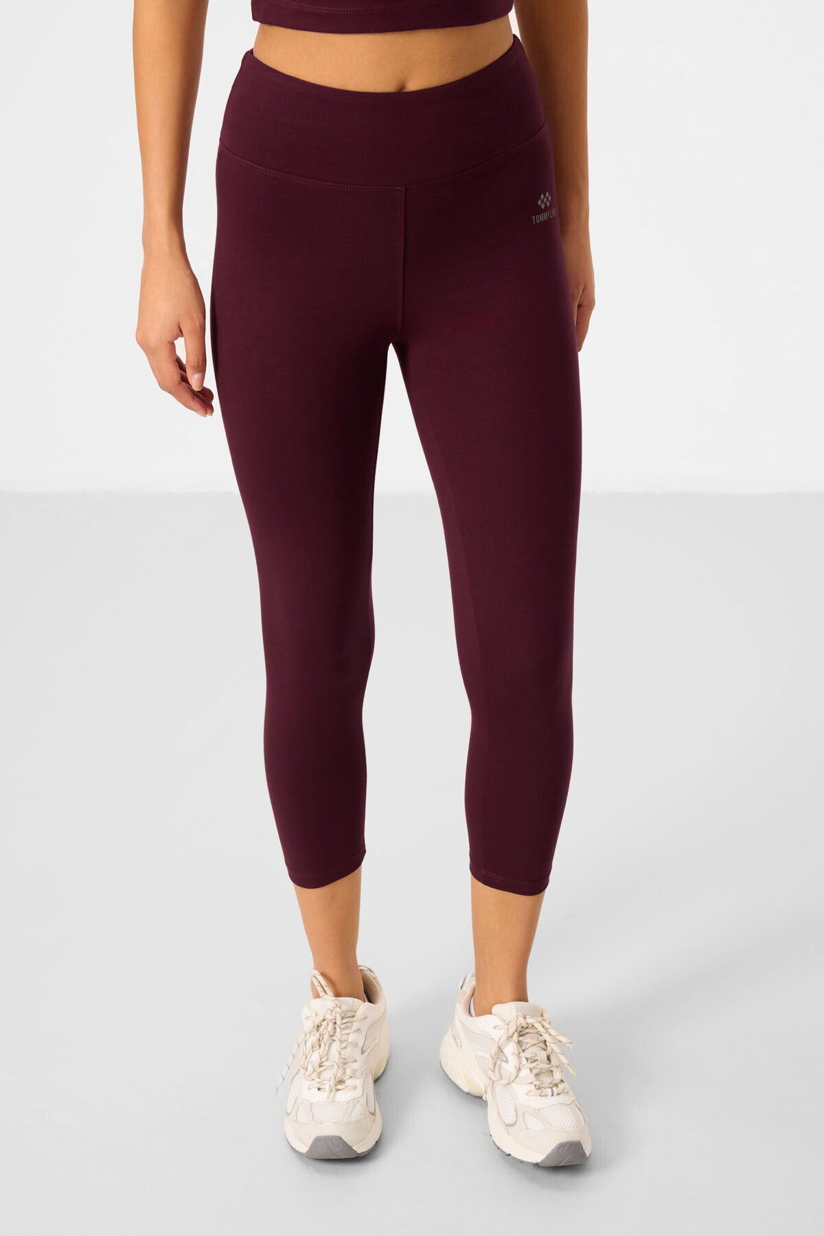 Bordo Yüksek Bel Kapri-Crop T-Shirt Slim Fit Kadın Tayt Takım - 95285