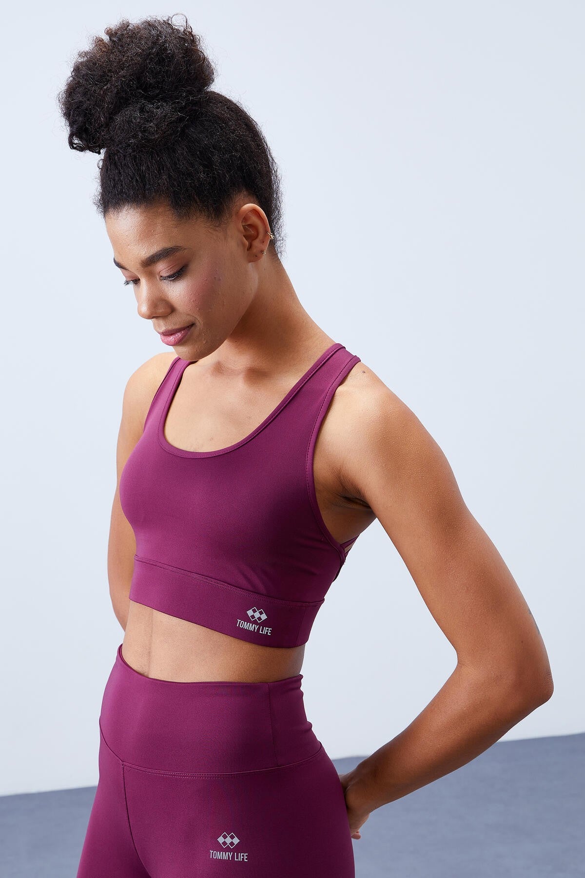 Bordo Yüksek Bel Toparlayıcı Çapraz Sırt Detaylı Slim Fit Kadın Tayt Takım - 95283