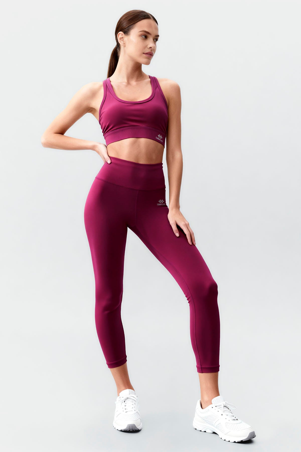 Bordo Yüksek Bel Toparlayıcı Çapraz Sırt Detaylı Slim Fit Kadın Tayt Takım - 95283