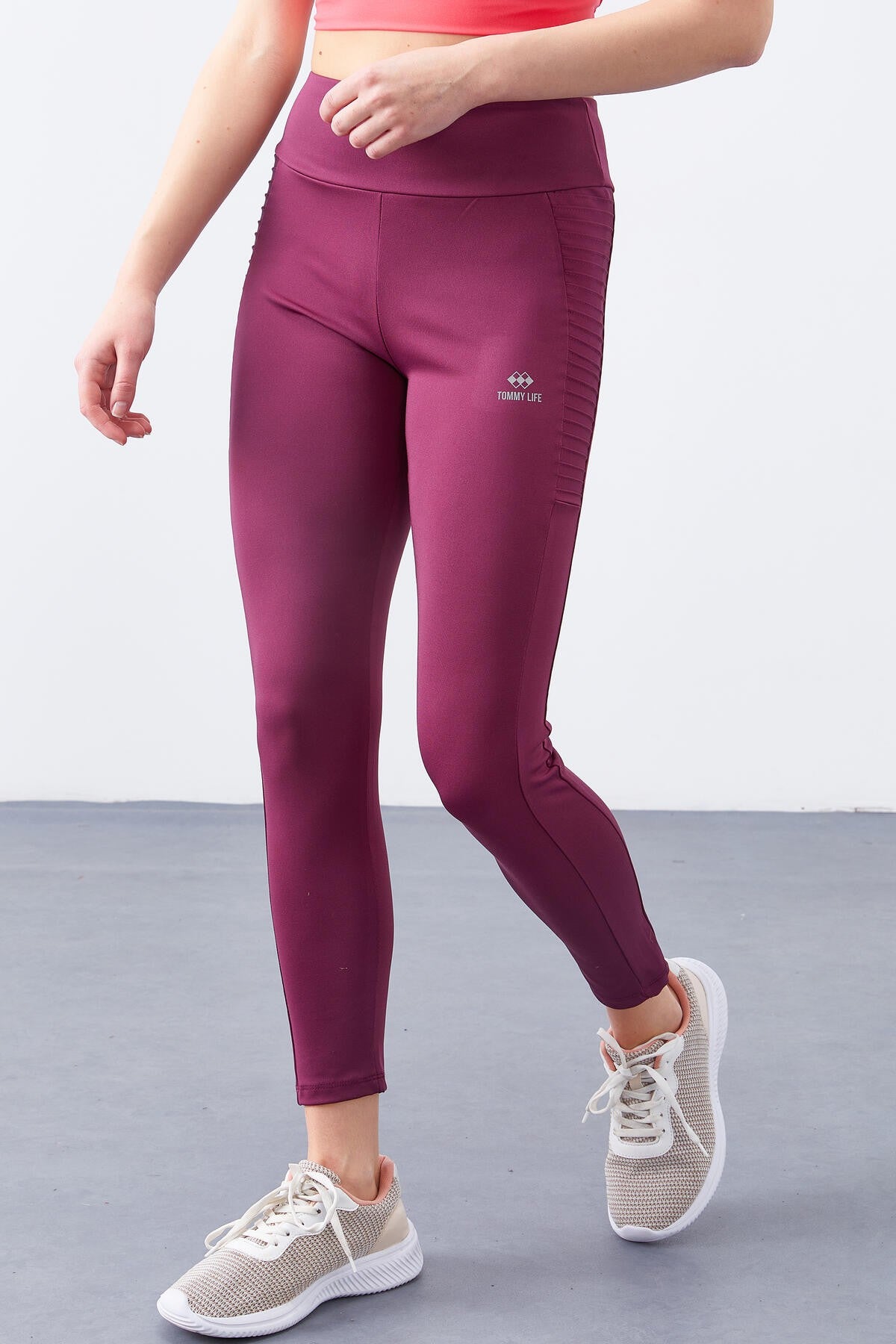 Bordo Yüksek Bel Toparlayıcı Slim Fit Dar Paça Kadın Tayt - 94568