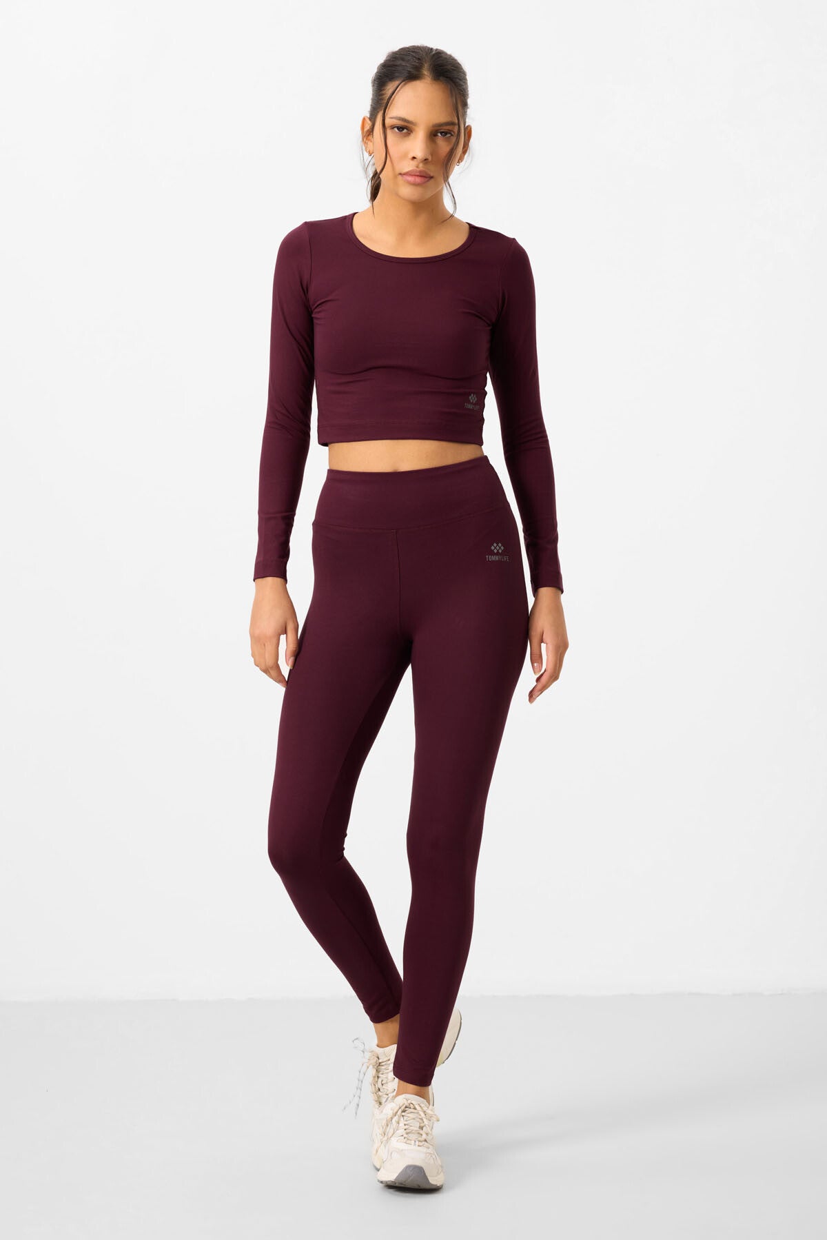 Bordo Yüksek Bel Uzun Kollu Slim Fit Crop Top Kadın Tayt Takım - 95286