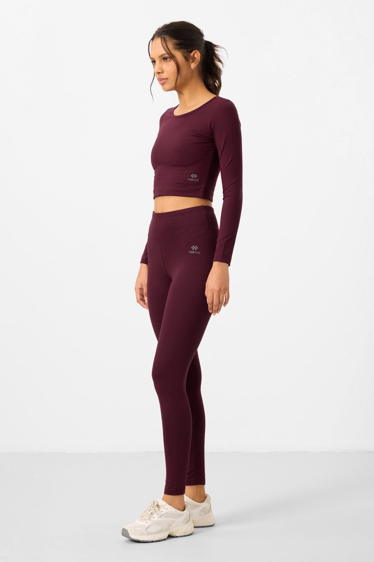 Bordo Yüksek Bel Uzun Kollu Slim Fit Crop Top Kadın Tayt Takım - 95286