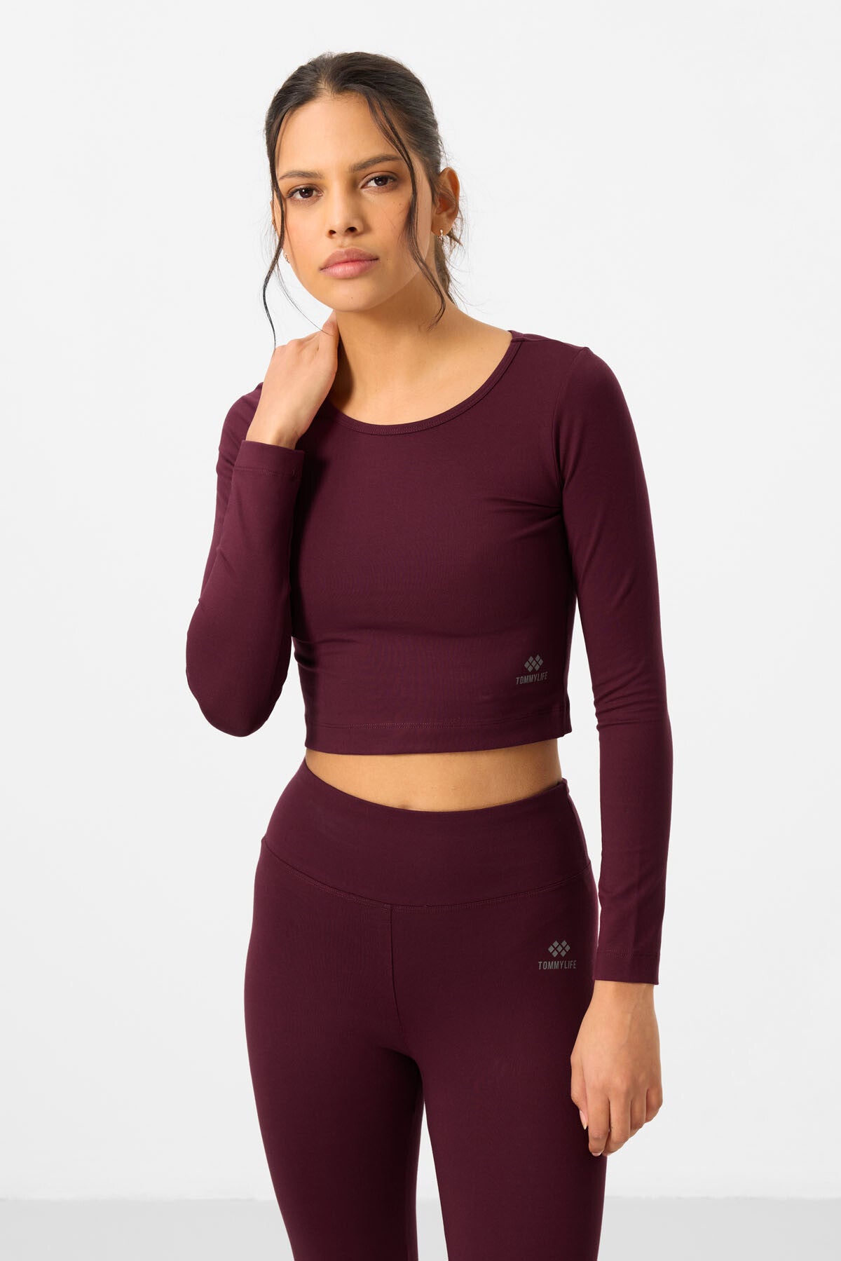 Bordo Yüksek Bel Uzun Kollu Slim Fit Crop Top Kadın Tayt Takım - 95286