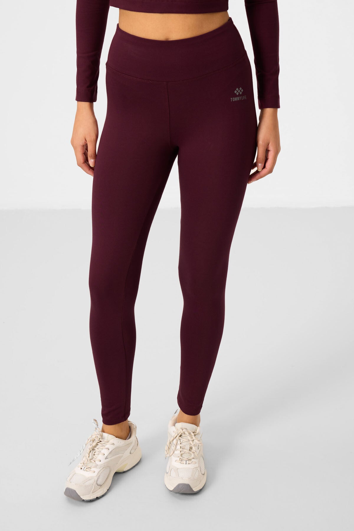 Bordo Yüksek Bel Uzun Kollu Slim Fit Crop Top Kadın Tayt Takım - 95286