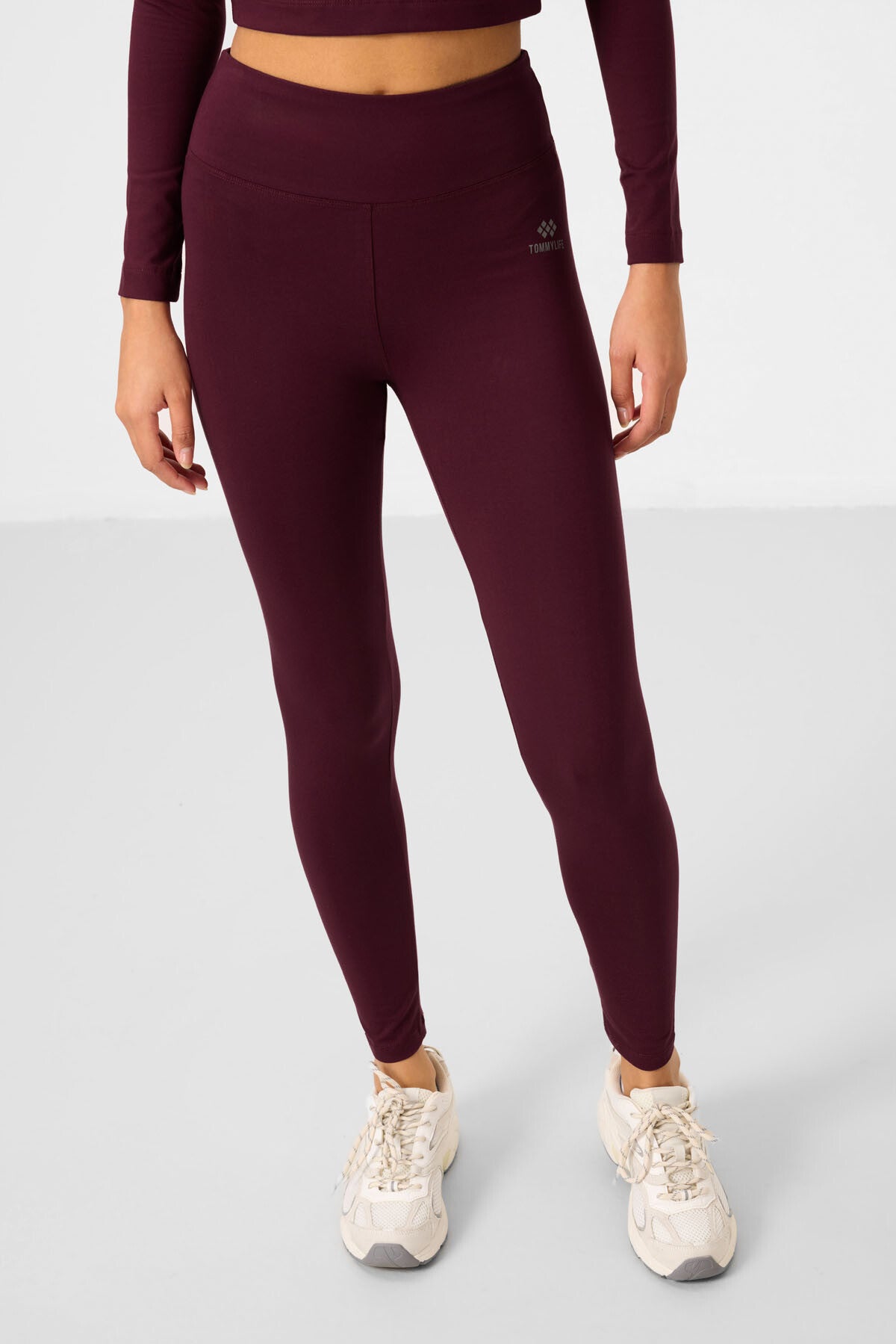 Bordo Yüksek Bel Uzun Kollu Slim Fit Crop Top Kadın Tayt Takım - 95286