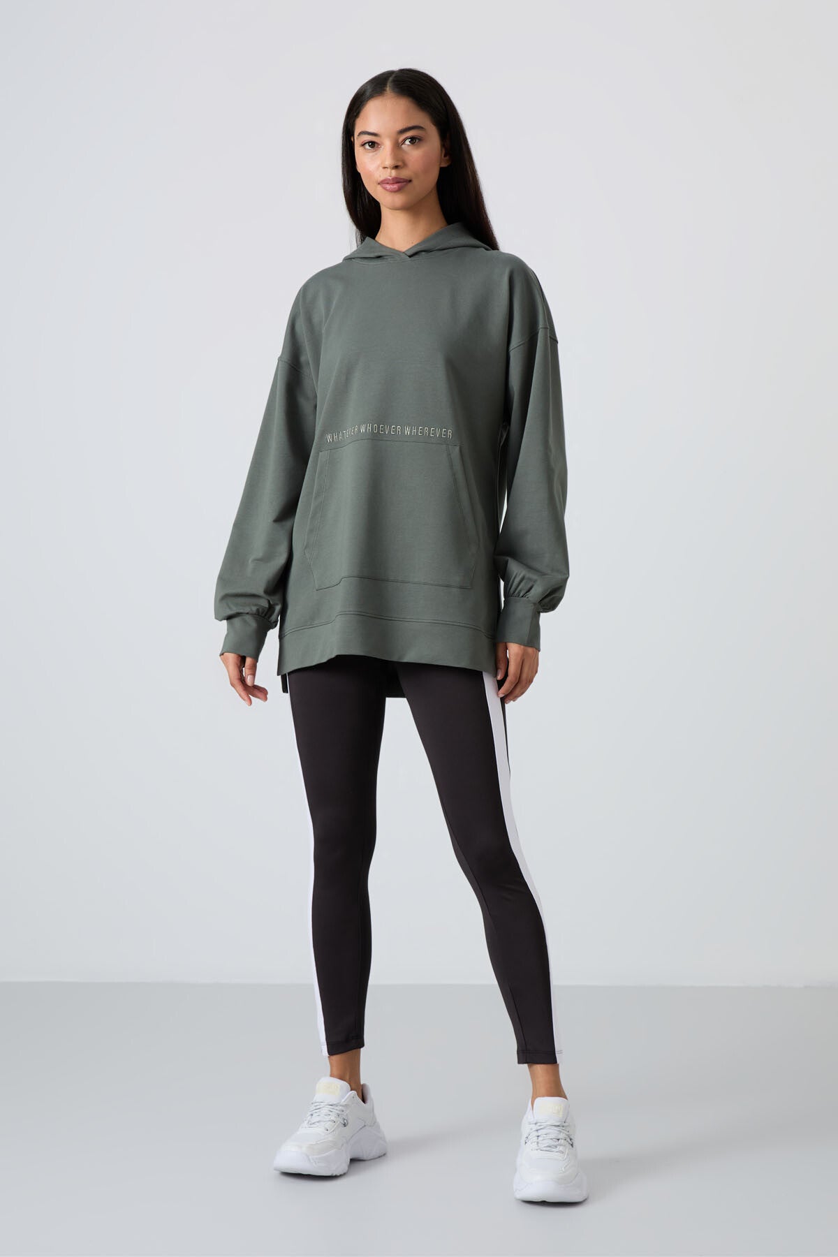 Çağla Balon Kol Yazı Nakışlı Kadın Oversize Tunik Sweatshirt - 97163