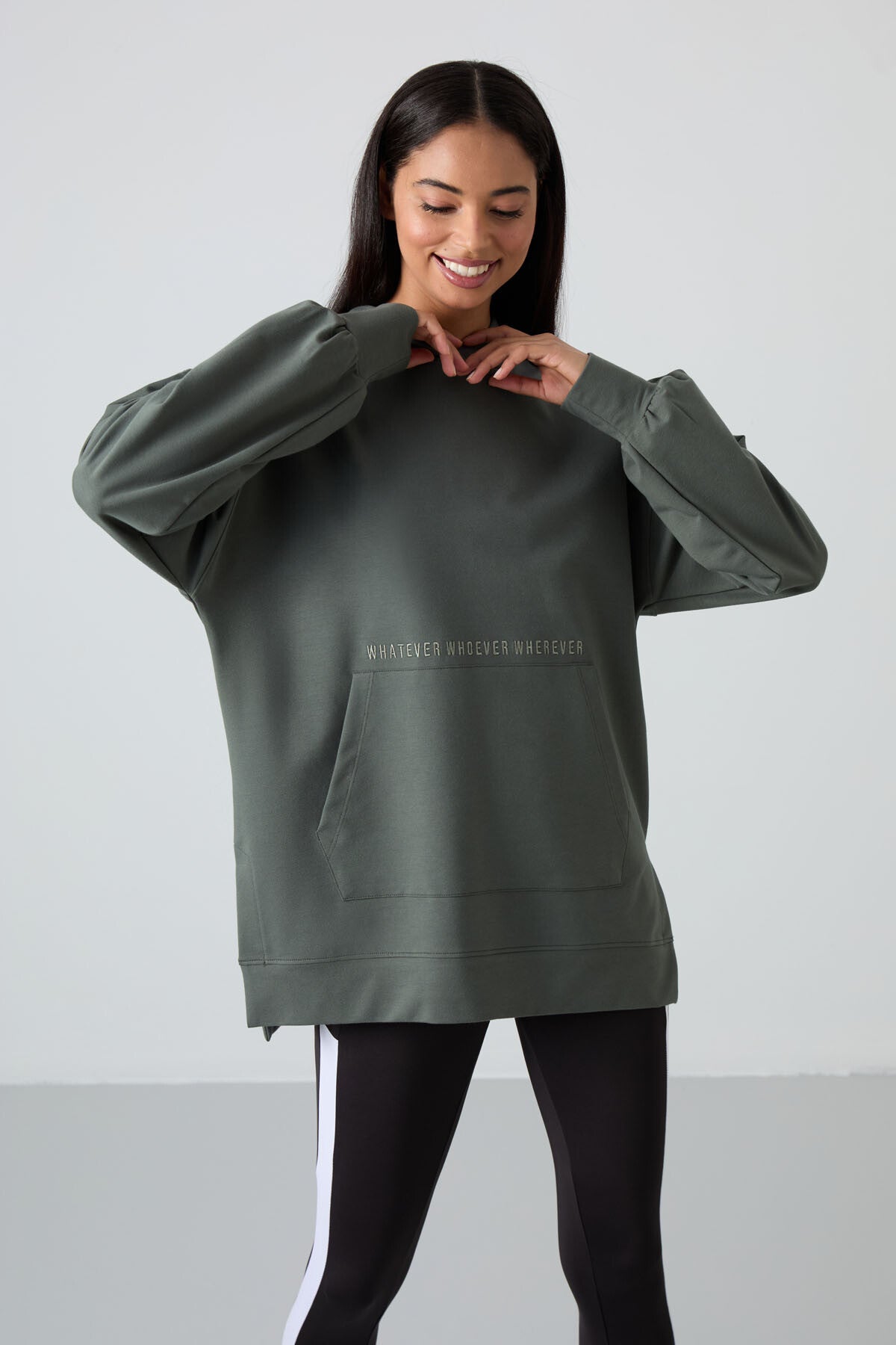 Çağla Balon Kol Yazı Nakışlı Kadın Oversize Tunik Sweatshirt - 97163