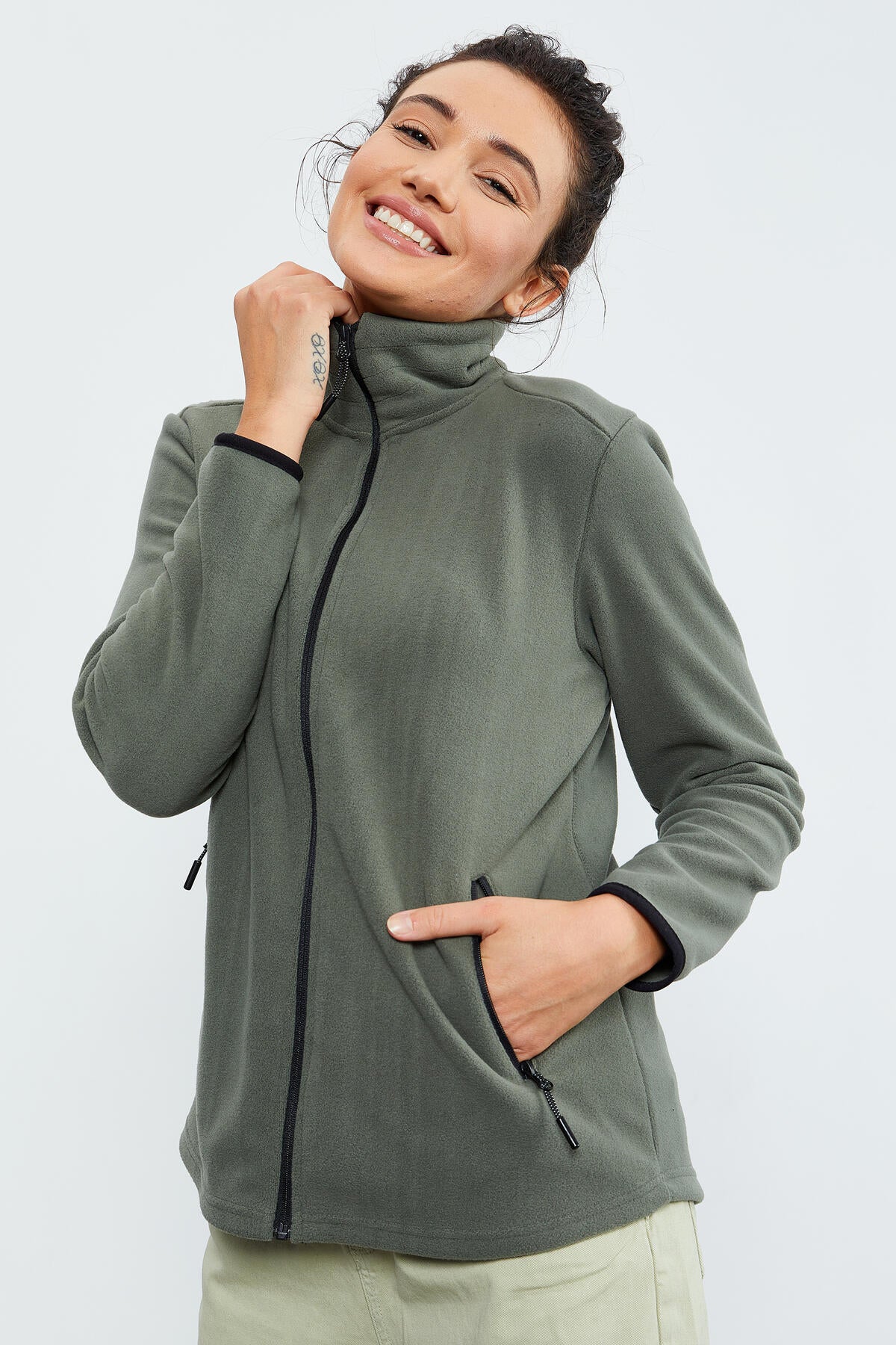 Çağla Dik Yaka Fermuarlı Rahat Form Kadın Polar Sweatshirt - 97173