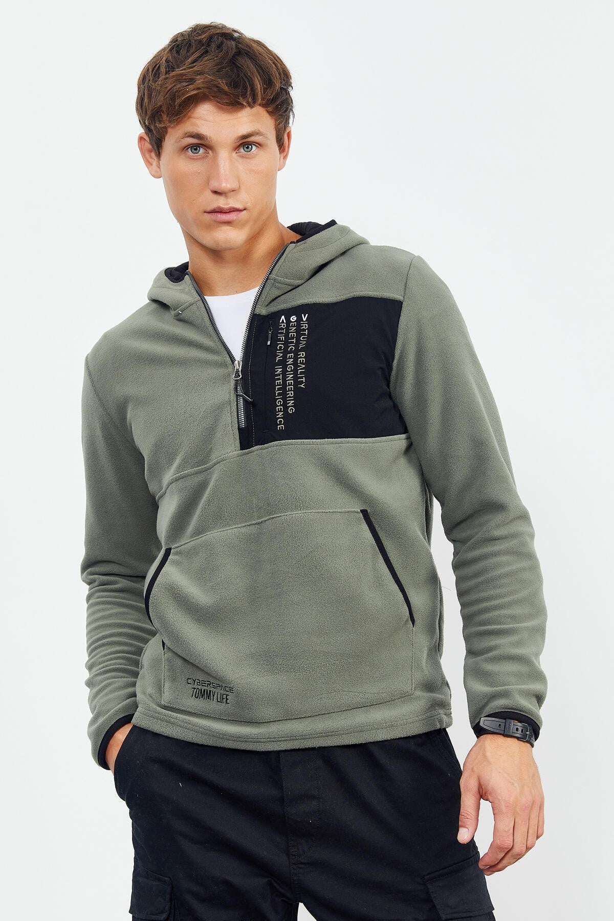Çağla Nakışlı Yarım Fermuar Kapüşonlu Standart Kalıp Erkek Polar Sweatshirt - 87996