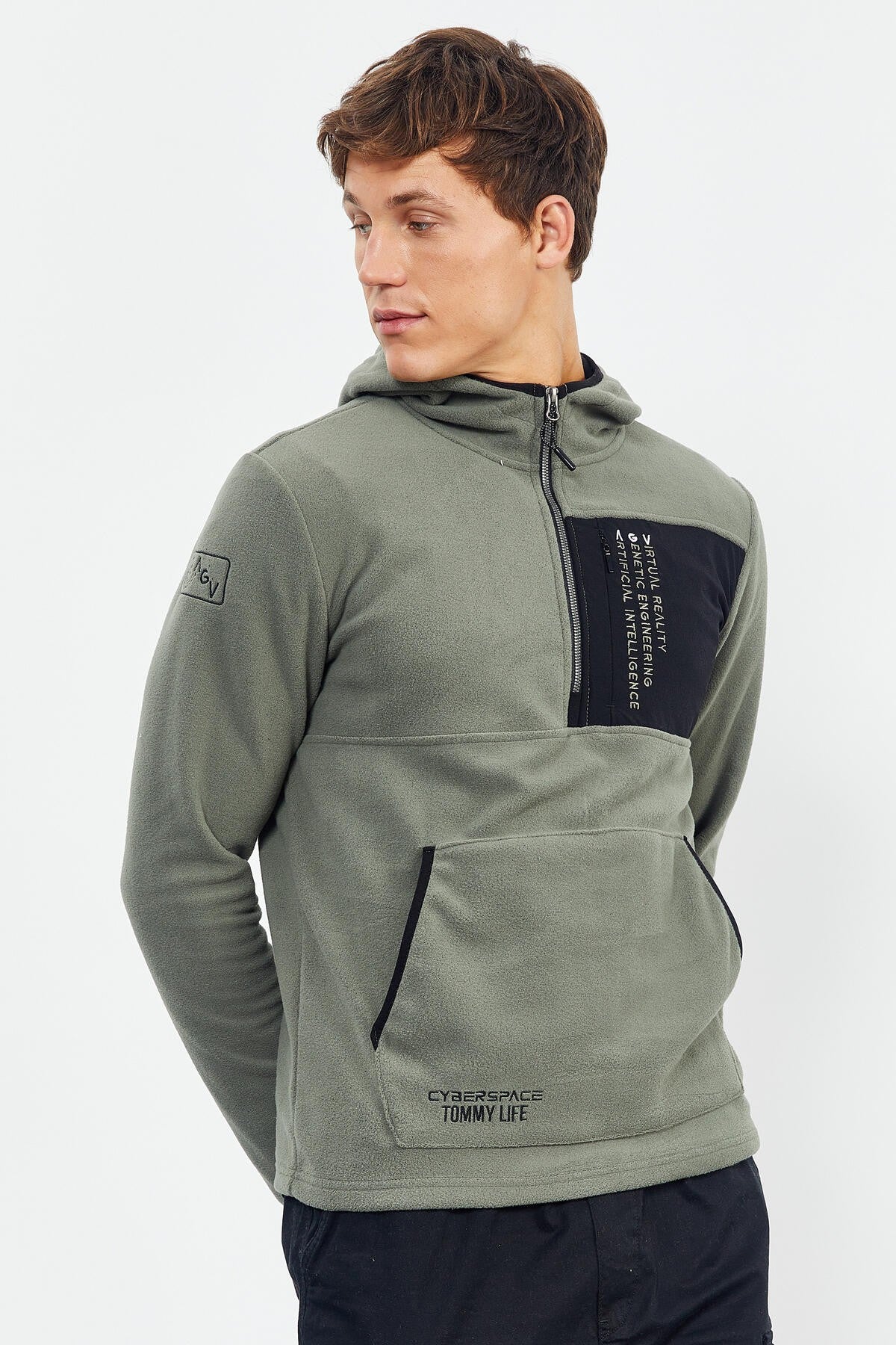 Çağla Nakışlı Yarım Fermuar Kapüşonlu Standart Kalıp Erkek Polar Sweatshirt - 87996