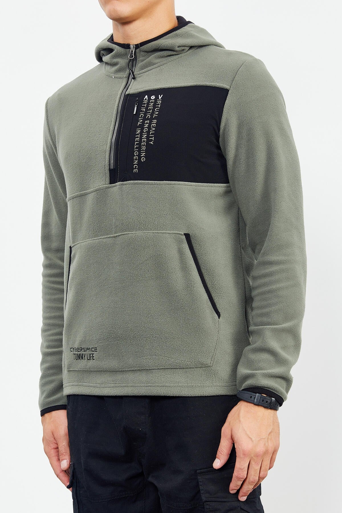 Çağla Nakışlı Yarım Fermuar Kapüşonlu Standart Kalıp Erkek Polar Sweatshirt - 87996