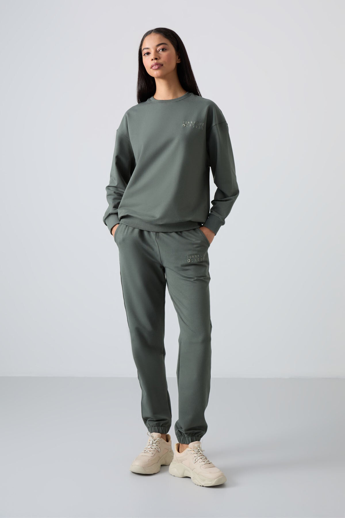 Çağla Basic Pamuklu O Yaka Oversize Lastik Paça Kadın Eşofman Takım - 95287