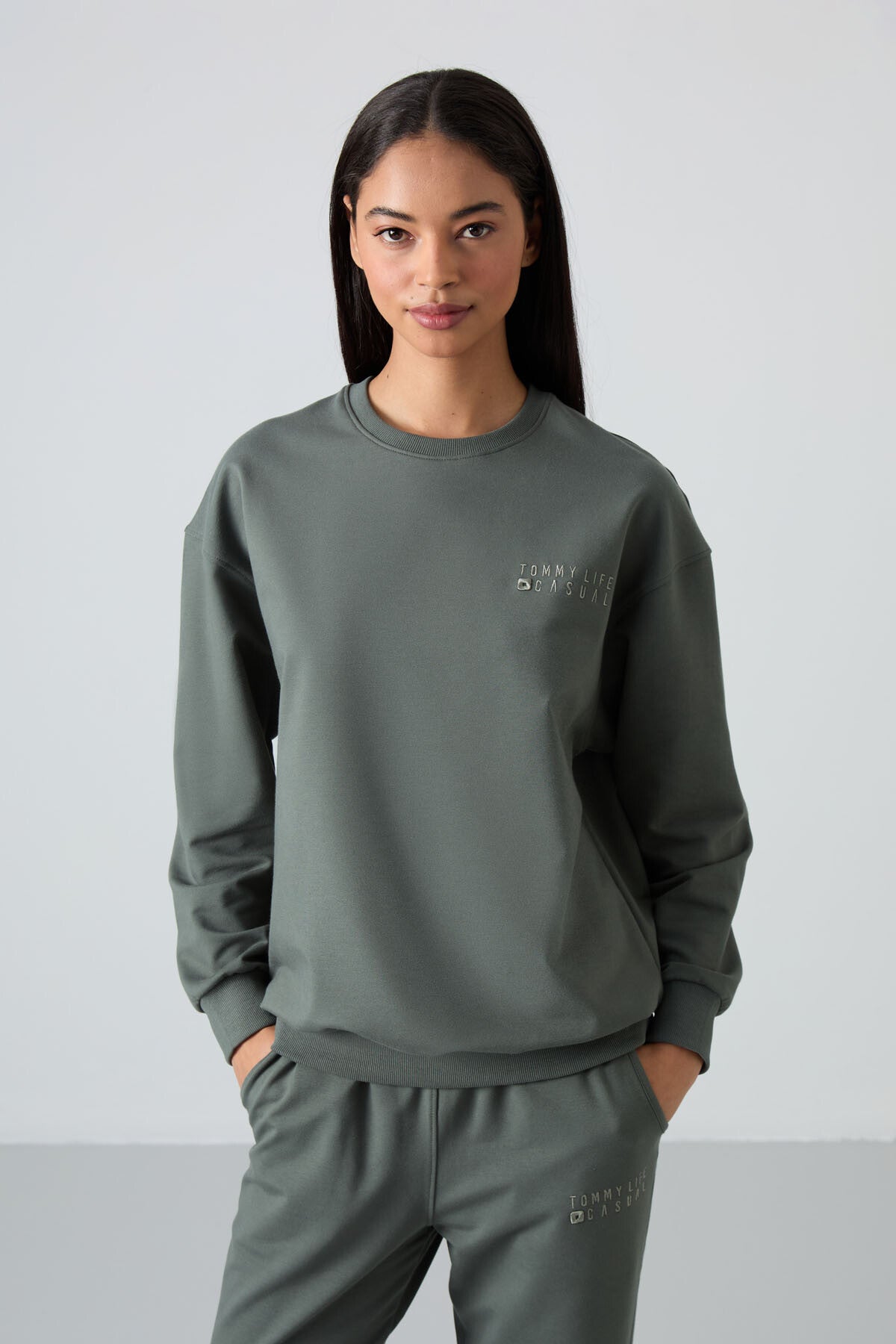 Çağla Basic Pamuklu O Yaka Oversize Lastik Paça Kadın Eşofman Takım - 95287