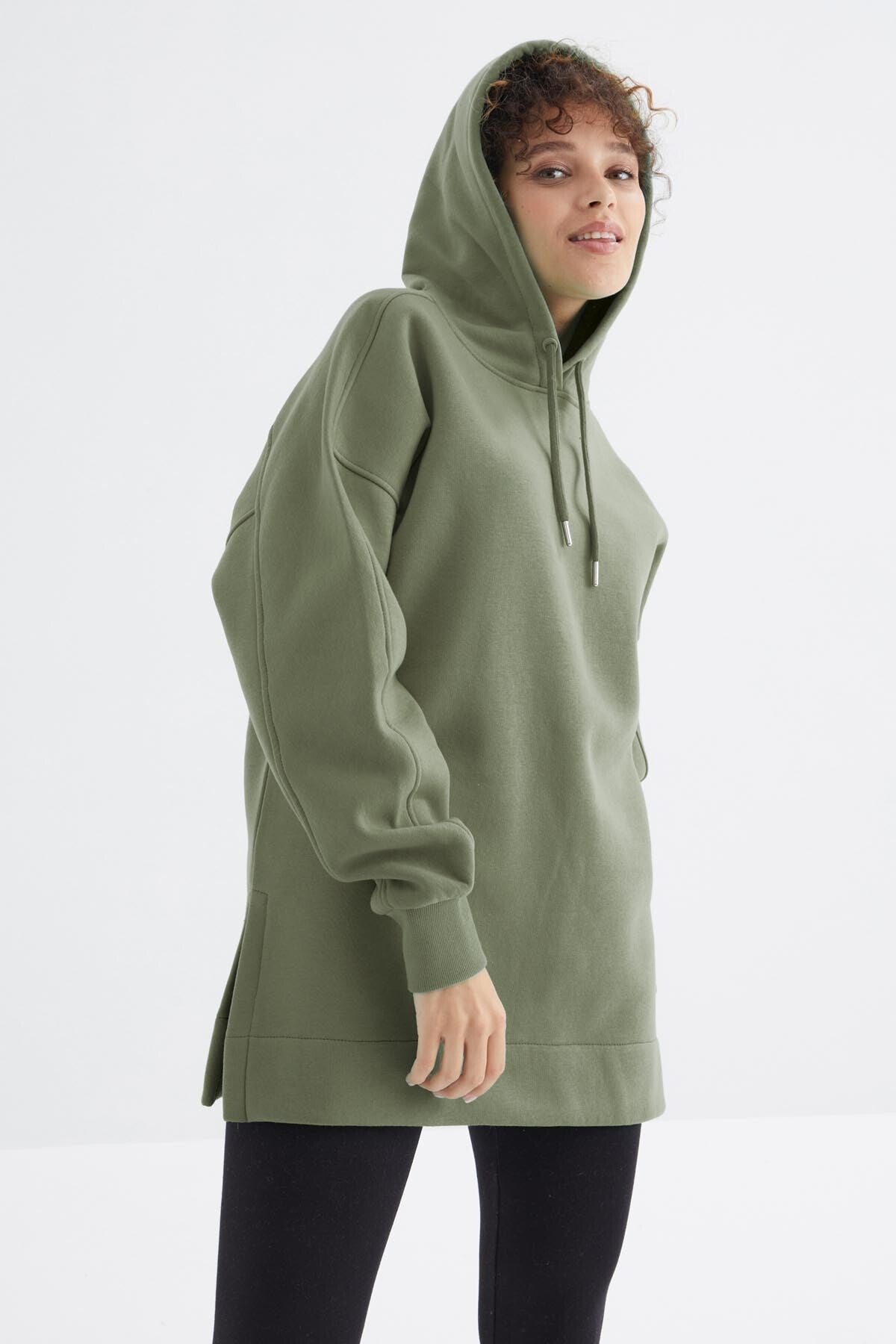 Çağla Reglan Kol Basic Kapüşonlu Oversize Sweatshirt Tunik - 97242