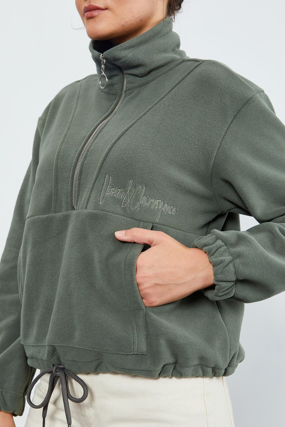 Çağla Yarım Fermuar Etek Ucu Büzgülü Kadın Polar Oversize Sweatshirt - 97171