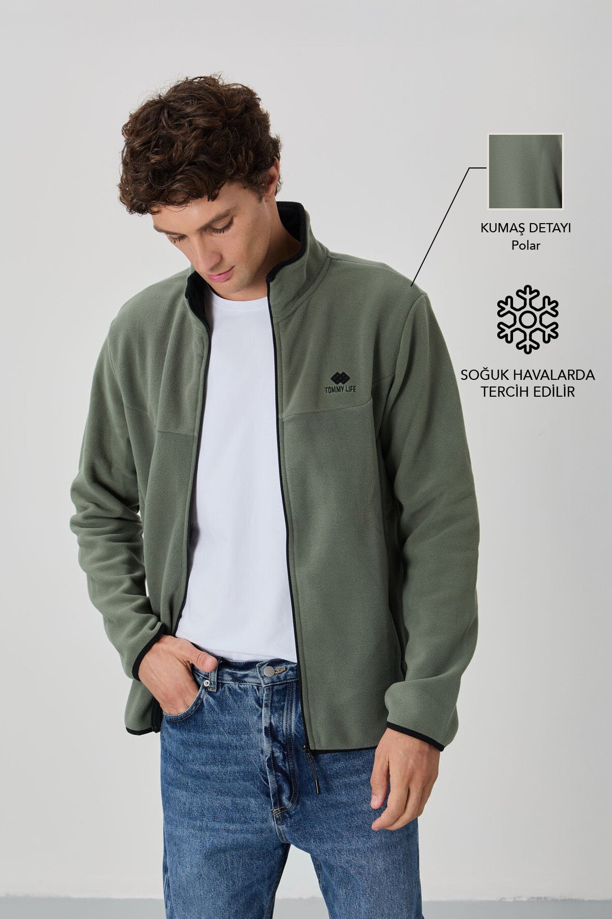 Çağla Yazı Nakışlı Dik Yaka Fermuarlı Standart Kalıp Erkek Sweatshirt Polar - 87992