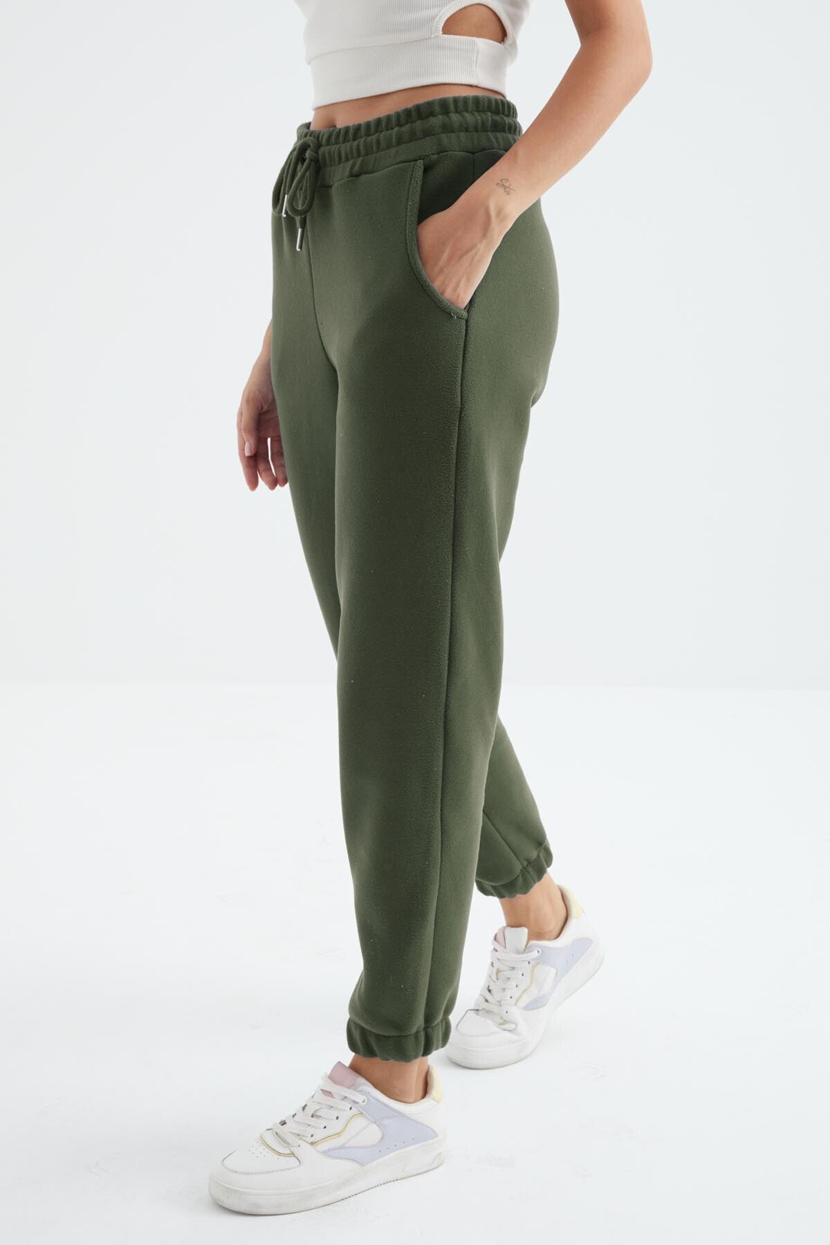 Çağla Yüksek Bel Basic Bağcıklı Jogger Polar Kadın Eşofman Alt - 94622