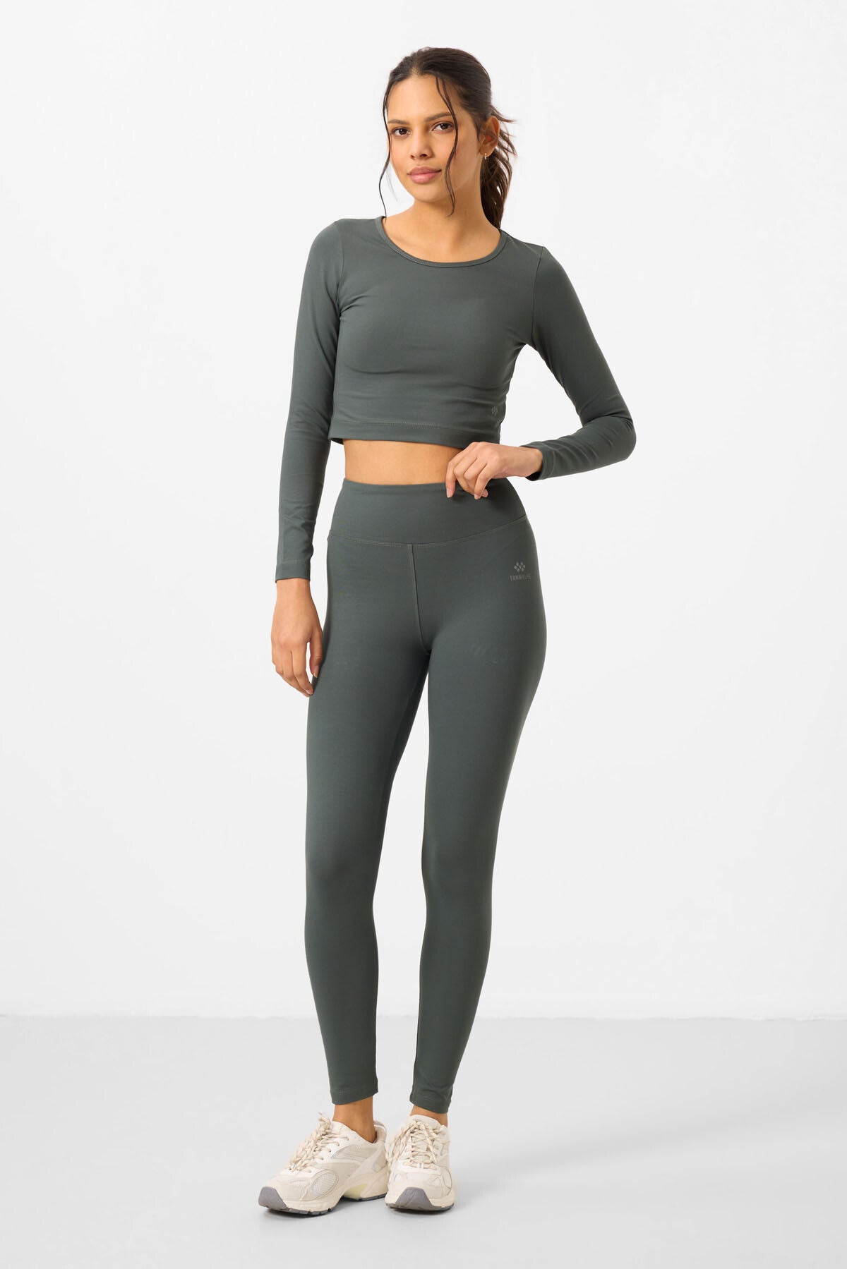 Çağla Yüksek Bel Uzun Kollu Slim Fit Crop Top Kadın Tayt Takım - 95286