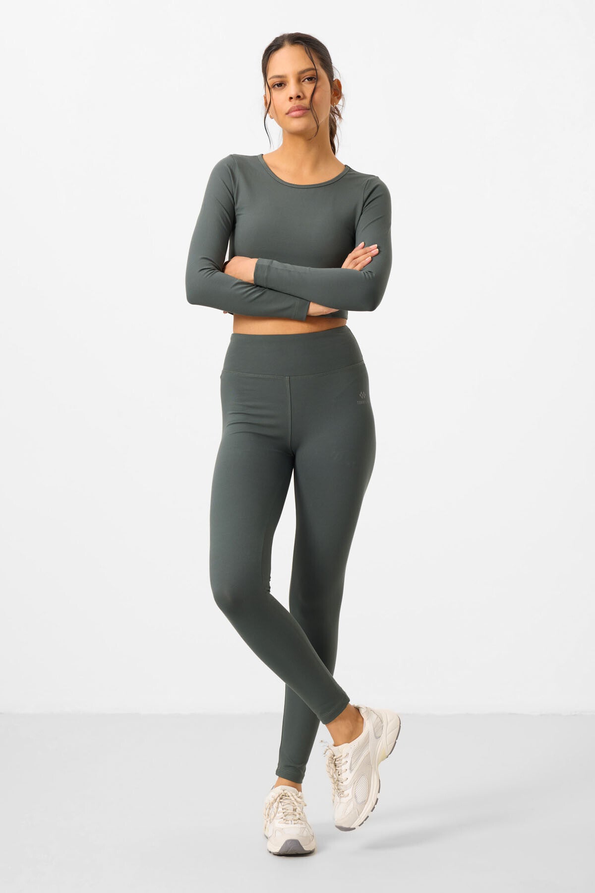 Çağla Yüksek Bel Uzun Kollu Slim Fit Crop Top Kadın Tayt Takım - 95286