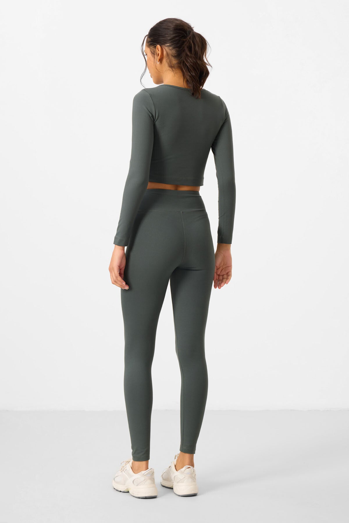 Çağla Yüksek Bel Uzun Kollu Slim Fit Crop Top Kadın Tayt Takım - 95286