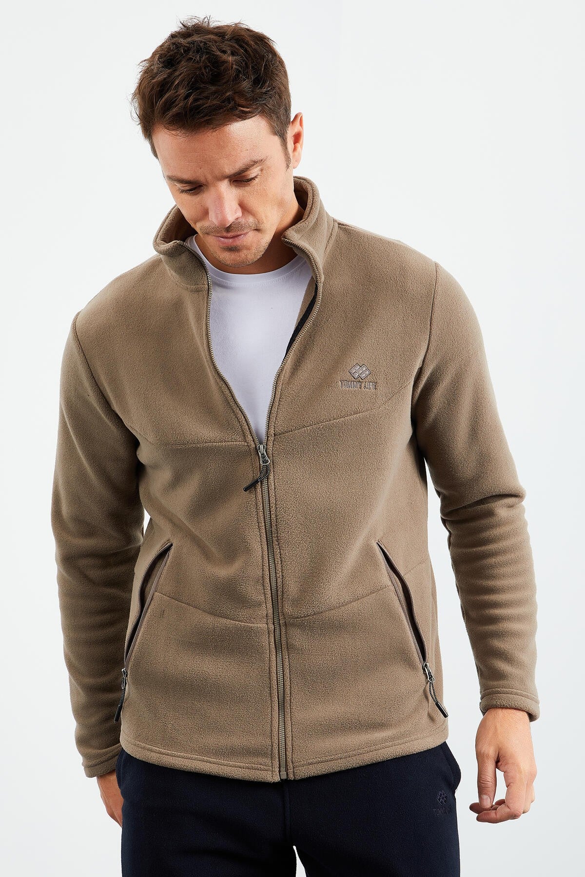 Camel Dik Yaka Fermuarlı Standart Kalıp Erkek Polar Sweatshirt - 87993