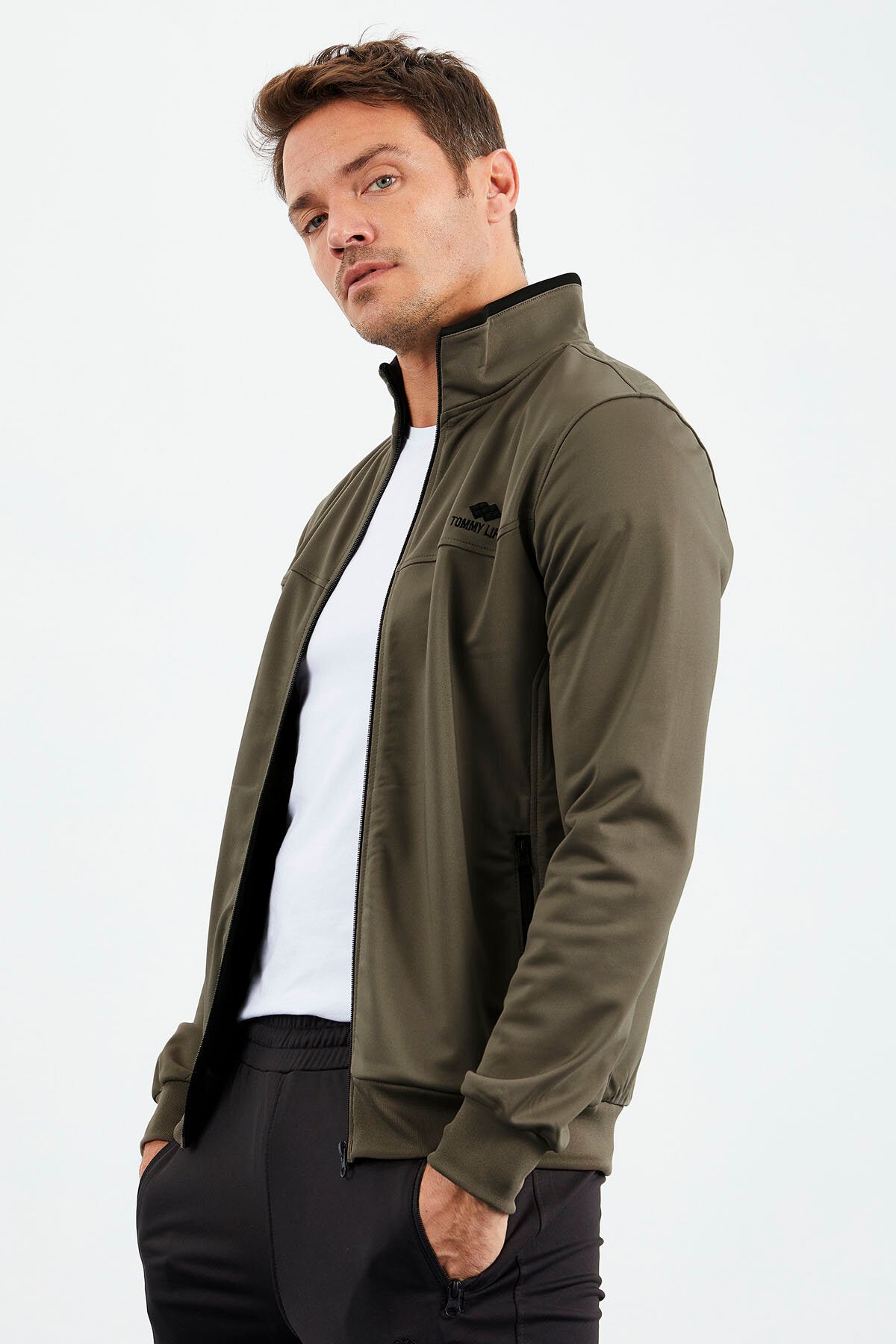 Camel - Siyah Dik Yaka Fermuarlı Standart Kalıp Klasik Paça Erkek Eşofman Takımı - 85162