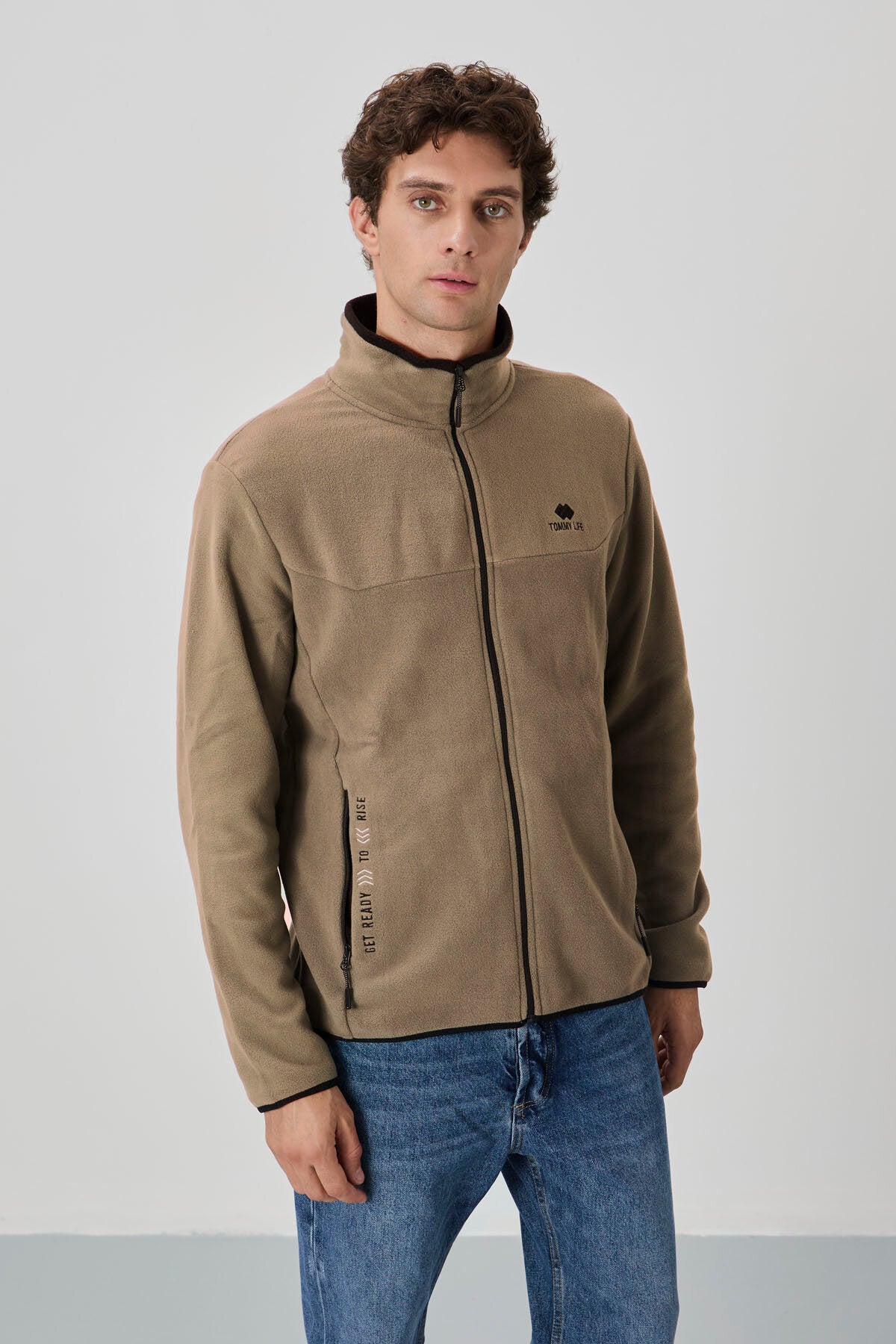 Camel Yazı Nakışlı Dik Yaka Fermuarlı Standart Kalıp Erkek Sweatshirt Polar - 87992