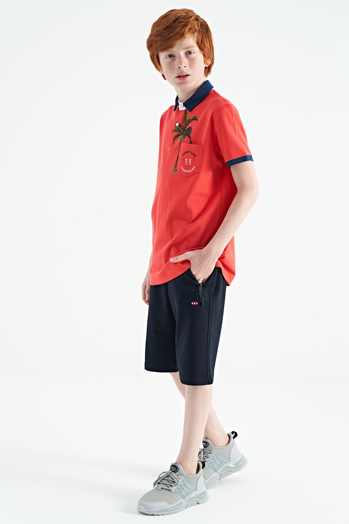 Coral Baskılı Cep Detaylı Standart Kalıp Polo Yaka Erkek Çocuk T-Shirt - 11144