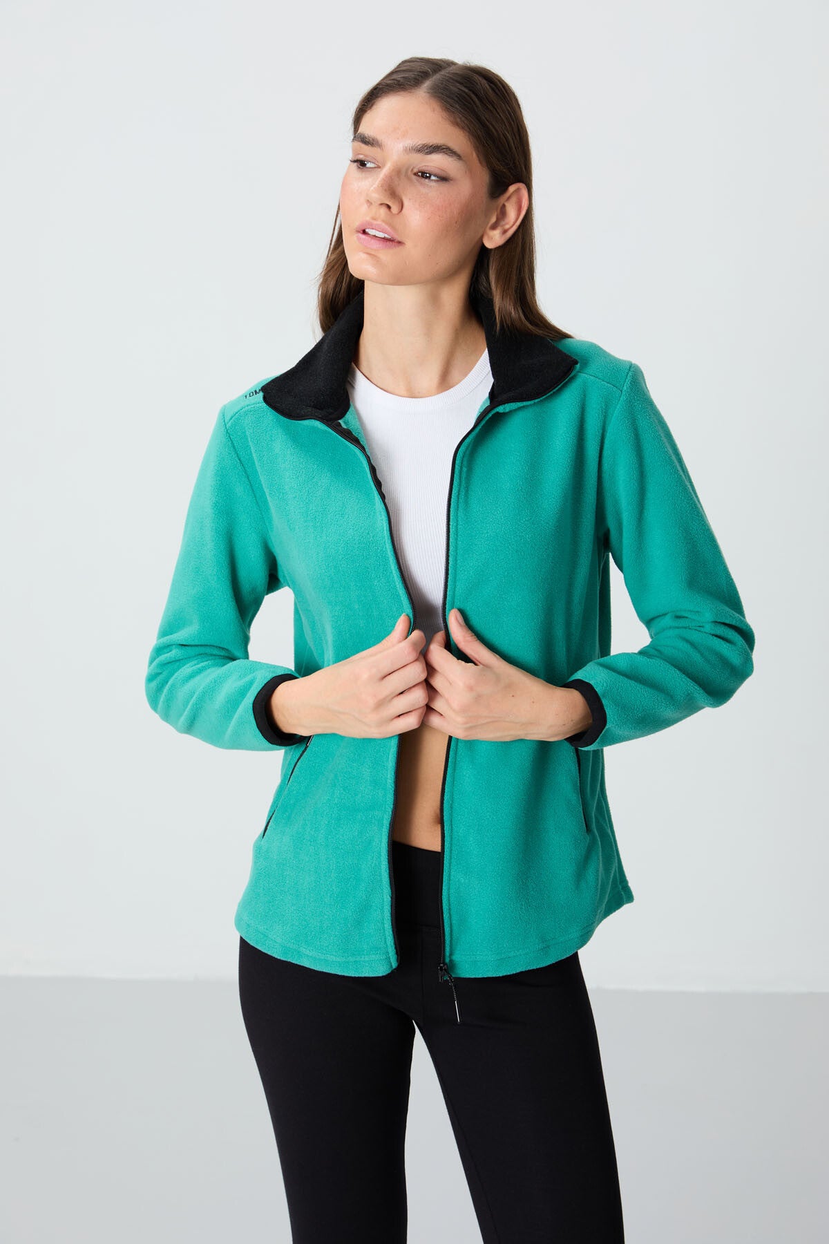 Deniz Yeşili Dik Yaka Fermuarlı Rahat Form Kadın Polar Sweatshirt - 97173