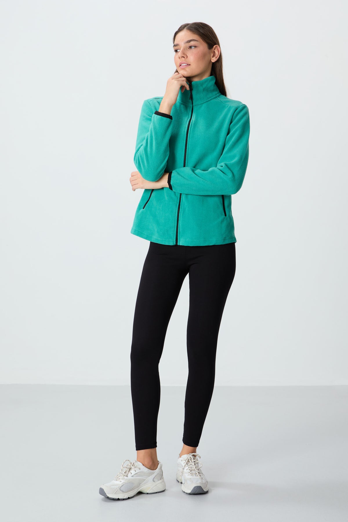 Deniz Yeşili Dik Yaka Fermuarlı Rahat Form Kadın Polar Sweatshirt - 97173