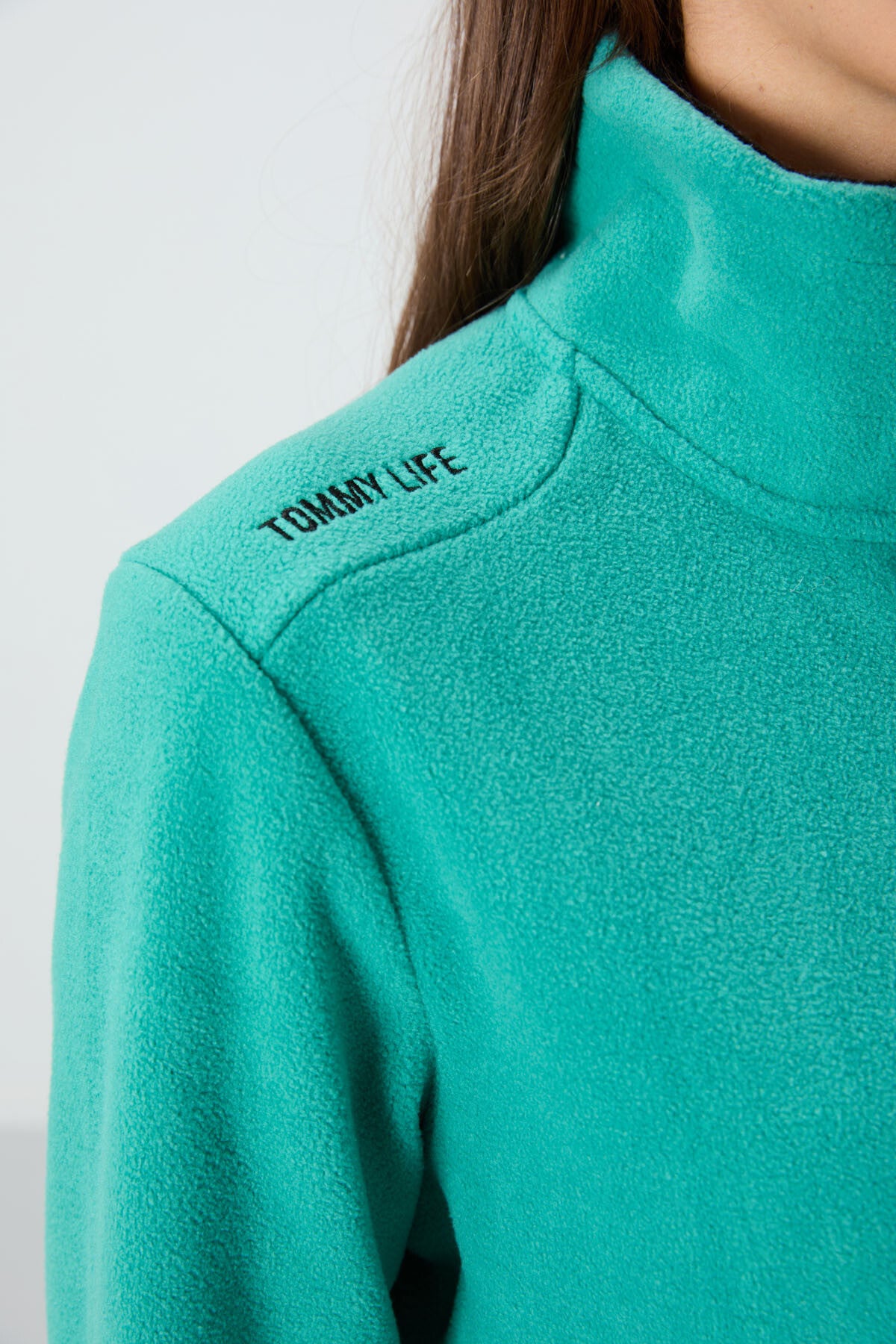 Deniz Yeşili Dik Yaka Fermuarlı Rahat Form Kadın Polar Sweatshirt - 97173