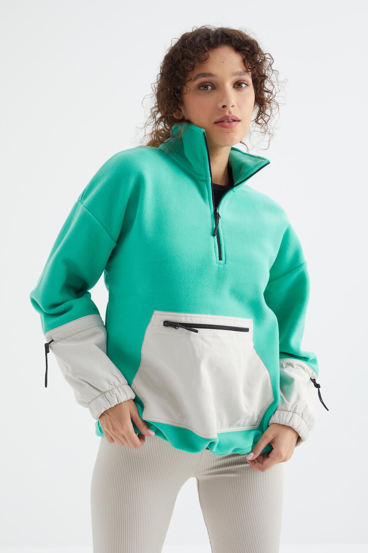 Deniz Yeşili Etek Ucu Büzgülü Yarım Fermuarlı Oversize Kadın Polar Sweatshirt - 97238