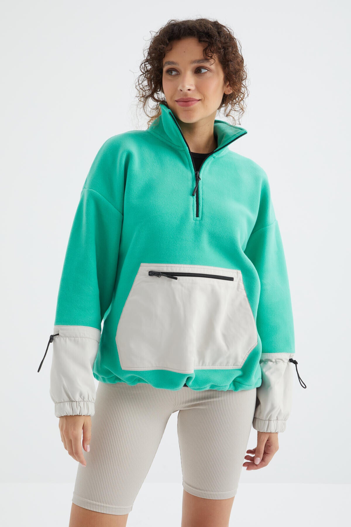 Deniz Yeşili Etek Ucu Büzgülü Yarım Fermuarlı Oversize Kadın Polar Sweatshirt - 97238
