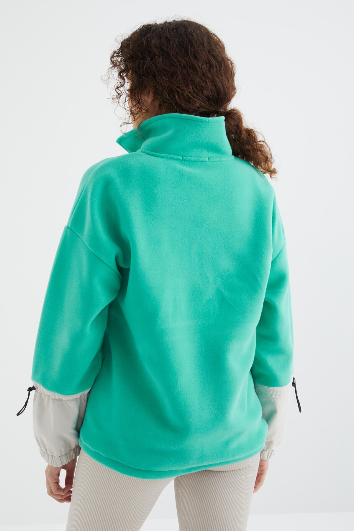 Deniz Yeşili Etek Ucu Büzgülü Yarım Fermuarlı Oversize Kadın Polar Sweatshirt - 97238