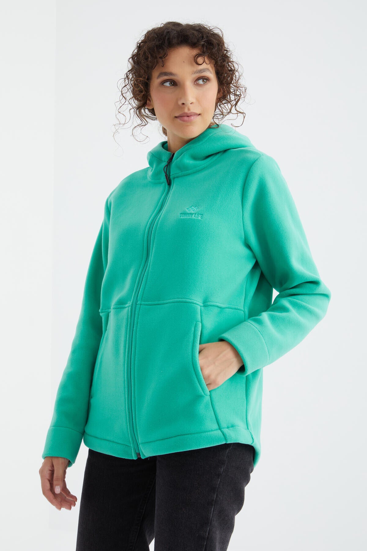 Deniz Yeşili Kapüşonlu Fermuarlı Rahat Form Kadın Polar Sweatshirt - 97233